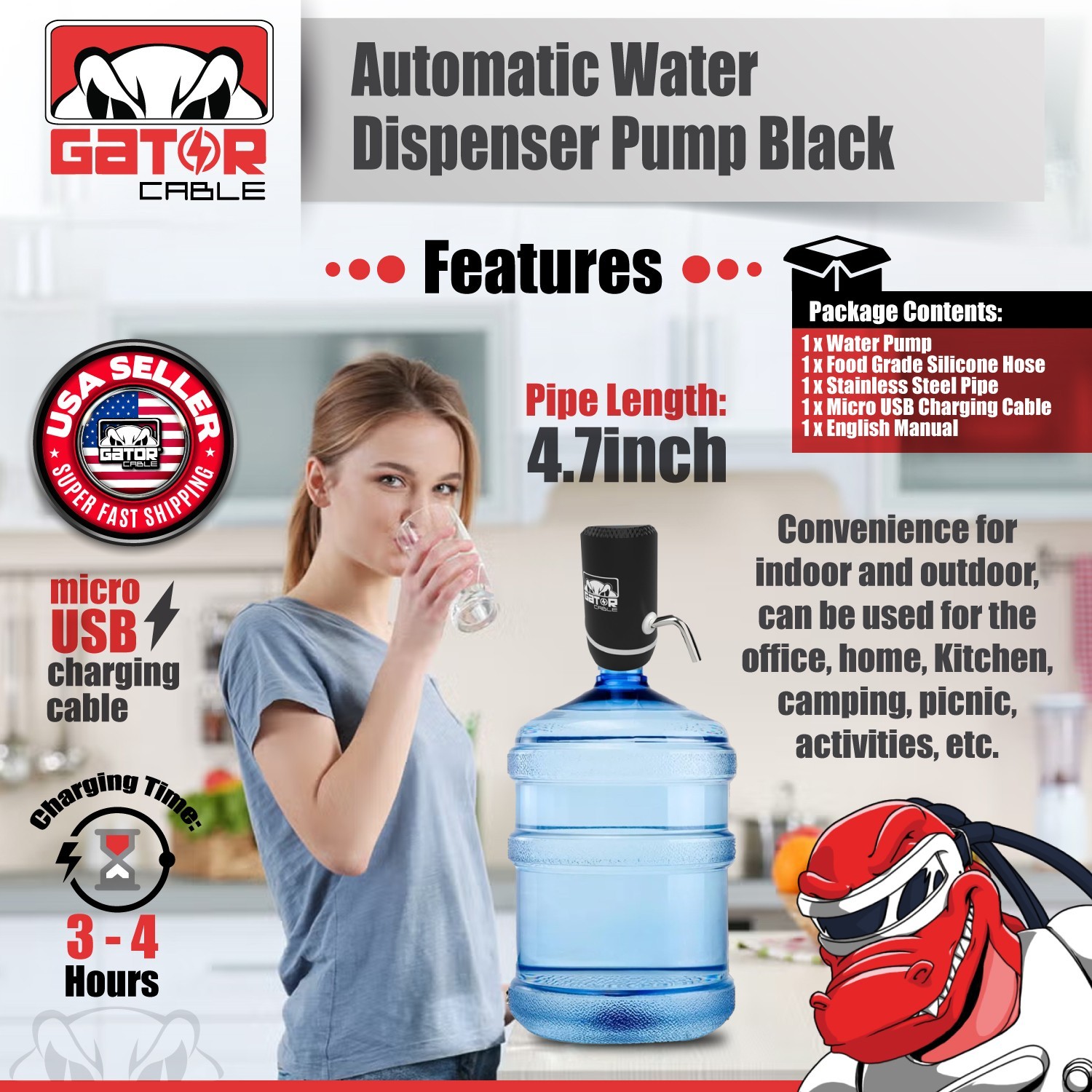 Water Bottle Pump Dispenser Automatic Switch Electric 5 Gallon USB Rechargeable