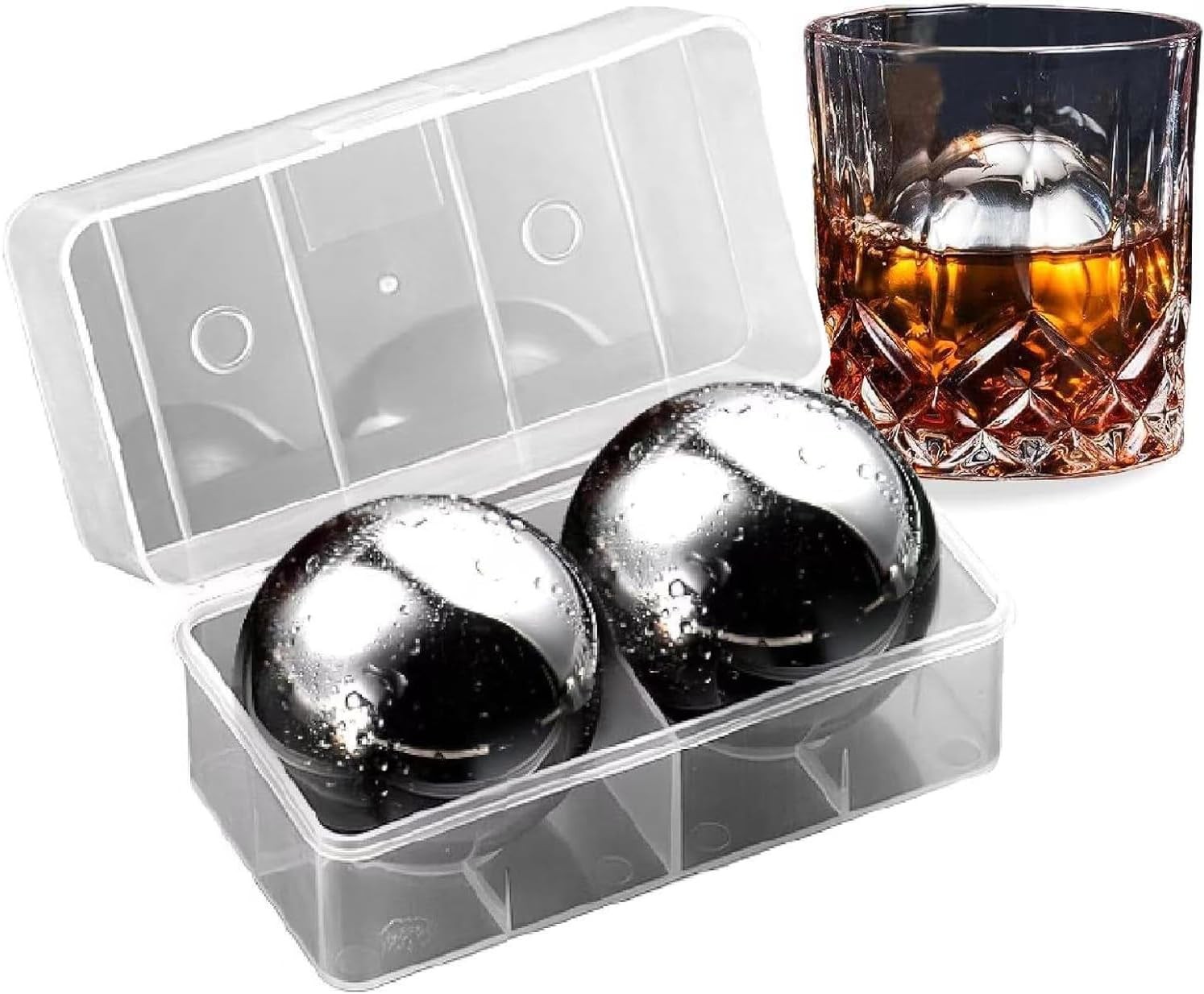 2Pcs XL Stainless Steel Whiskey Balls, Metal Reusable Ice Cubes, 2.2"/55mm Round