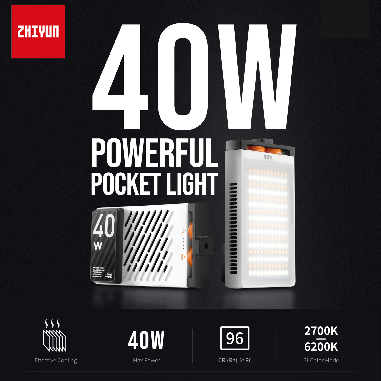 Zhiyun FIVERAY M40 40W Mini LED Video Light Handheld Pocket Light 14000Lux CRI96