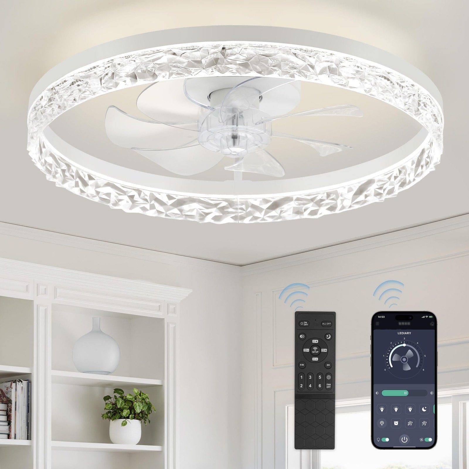 20" Modern Ceiling Fans with Lights and Remote, White Fandelier