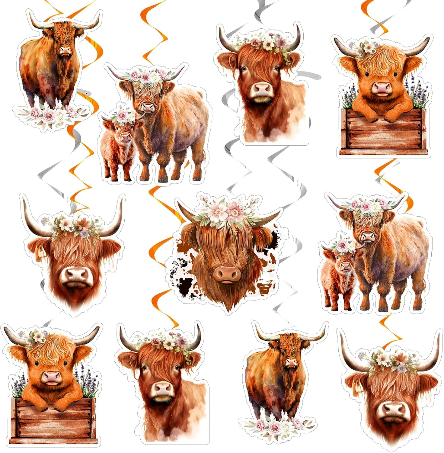 24 Pcs Highland Cow Decorations, Highland Cow Hanging Swirls, Western Farm Anima