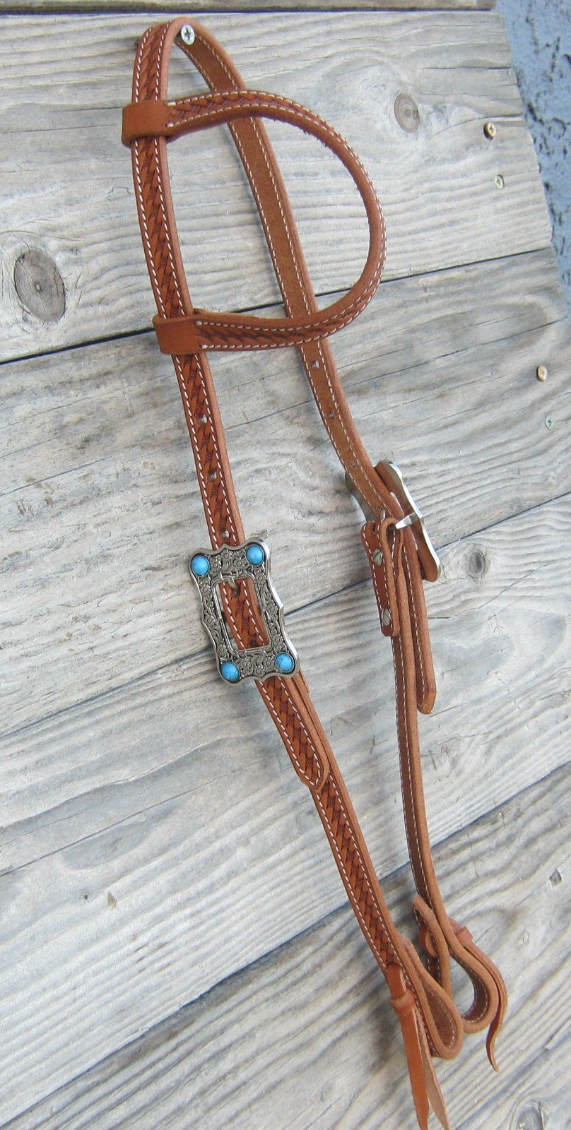 West 74 Light Oil Leather 5/8" One Ear Floral Turquoise Stone Buckles Headstall