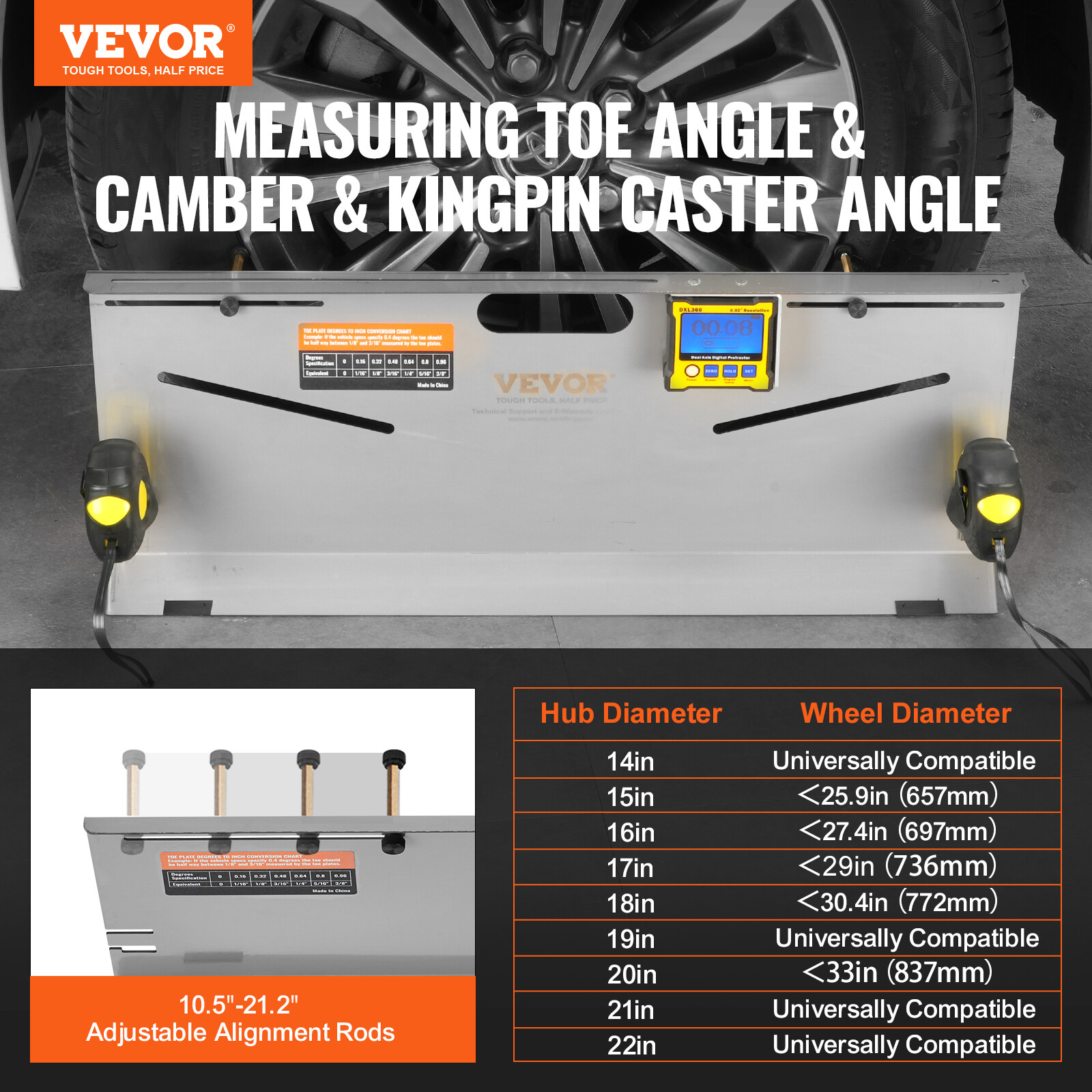 VEVOR Wheel Alignment Tool Camber/Caster/Toe Gauge Toe Plates Measuring Tapes