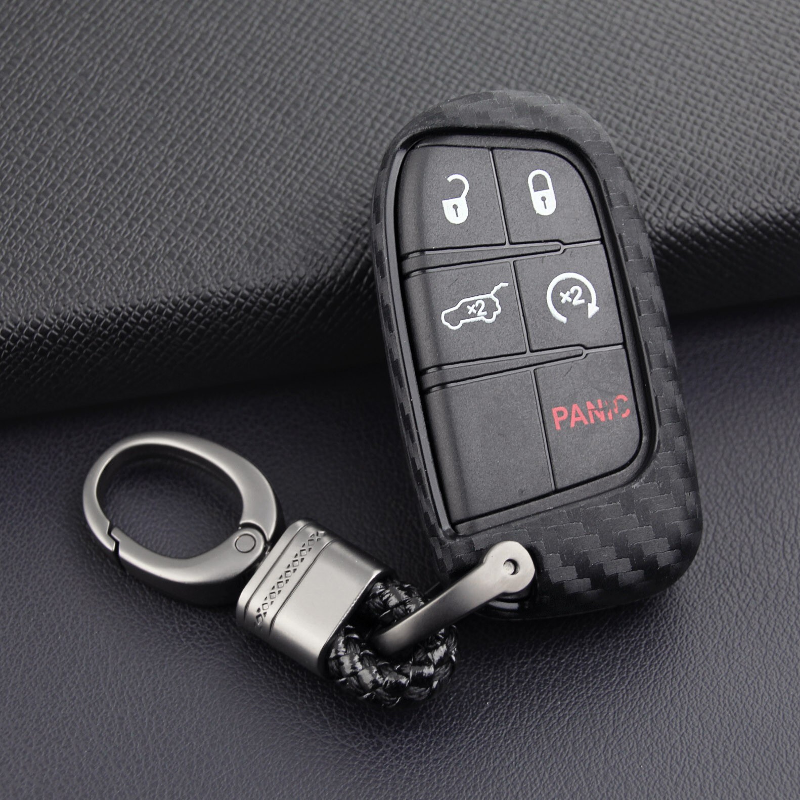 For Jeep Dodge Chrysler Fiat Smart Car Key Fob Case Cover Chain Carbon Fiber