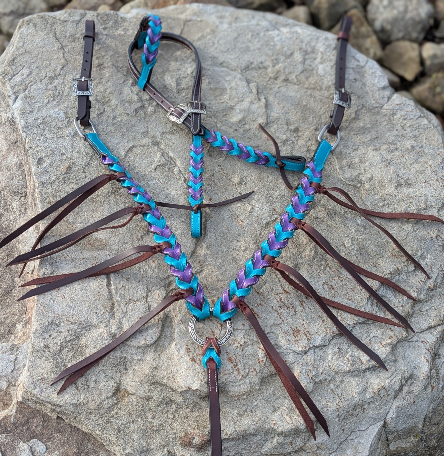 Teak With Purple Braided  Tack Set Fringe Breast Collar & Headstall Western