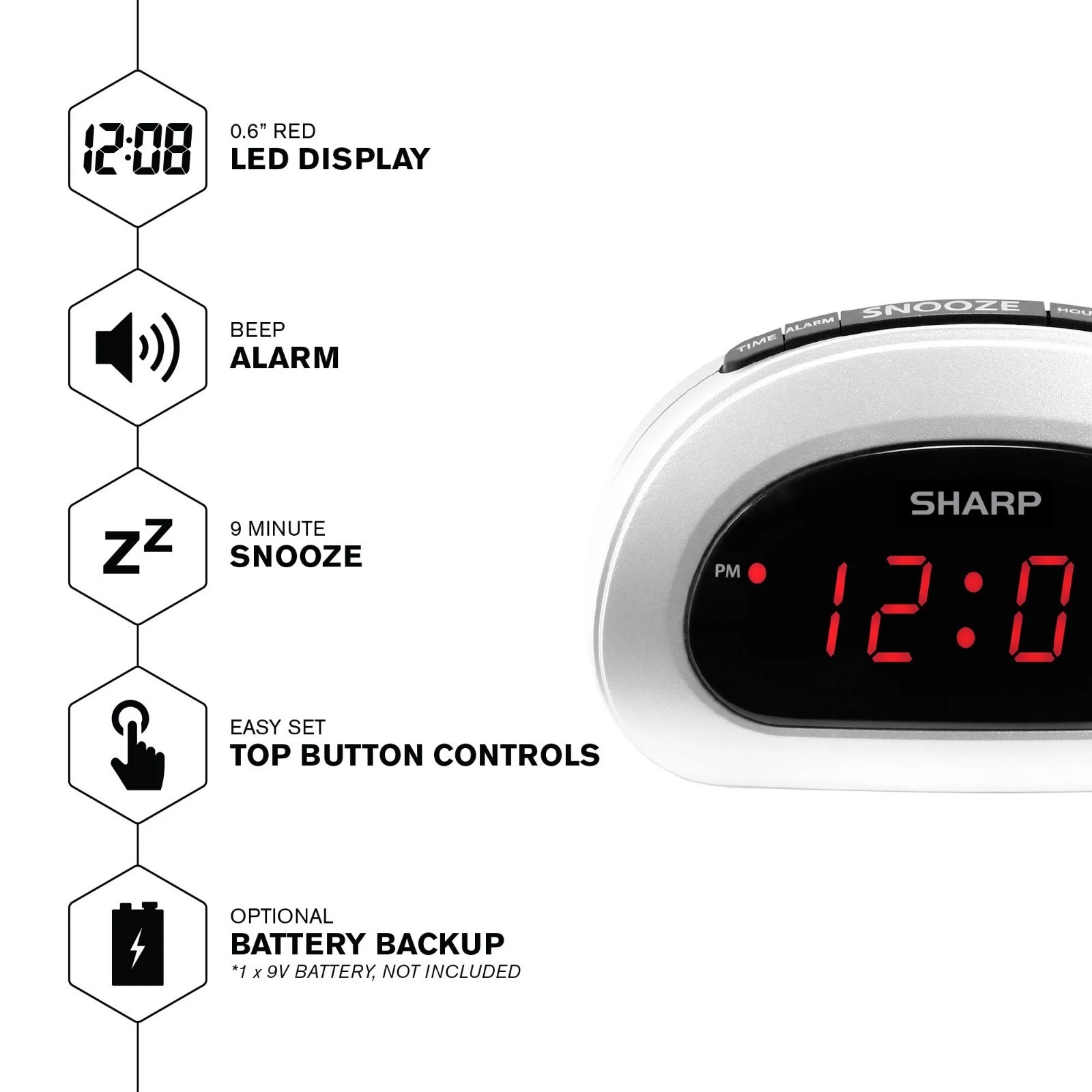 Digital Sharp Alarm Clock, Cosmic Silver, Easy to Set Controls, Red LED Display