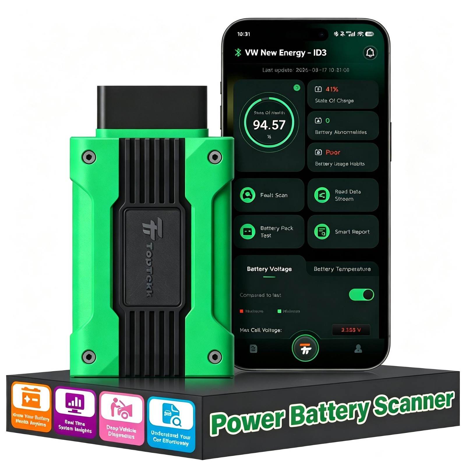VW EV OBD2 Diagnostic Scanner Battery Health SOH Cell-Level Test Tool Bluetooth