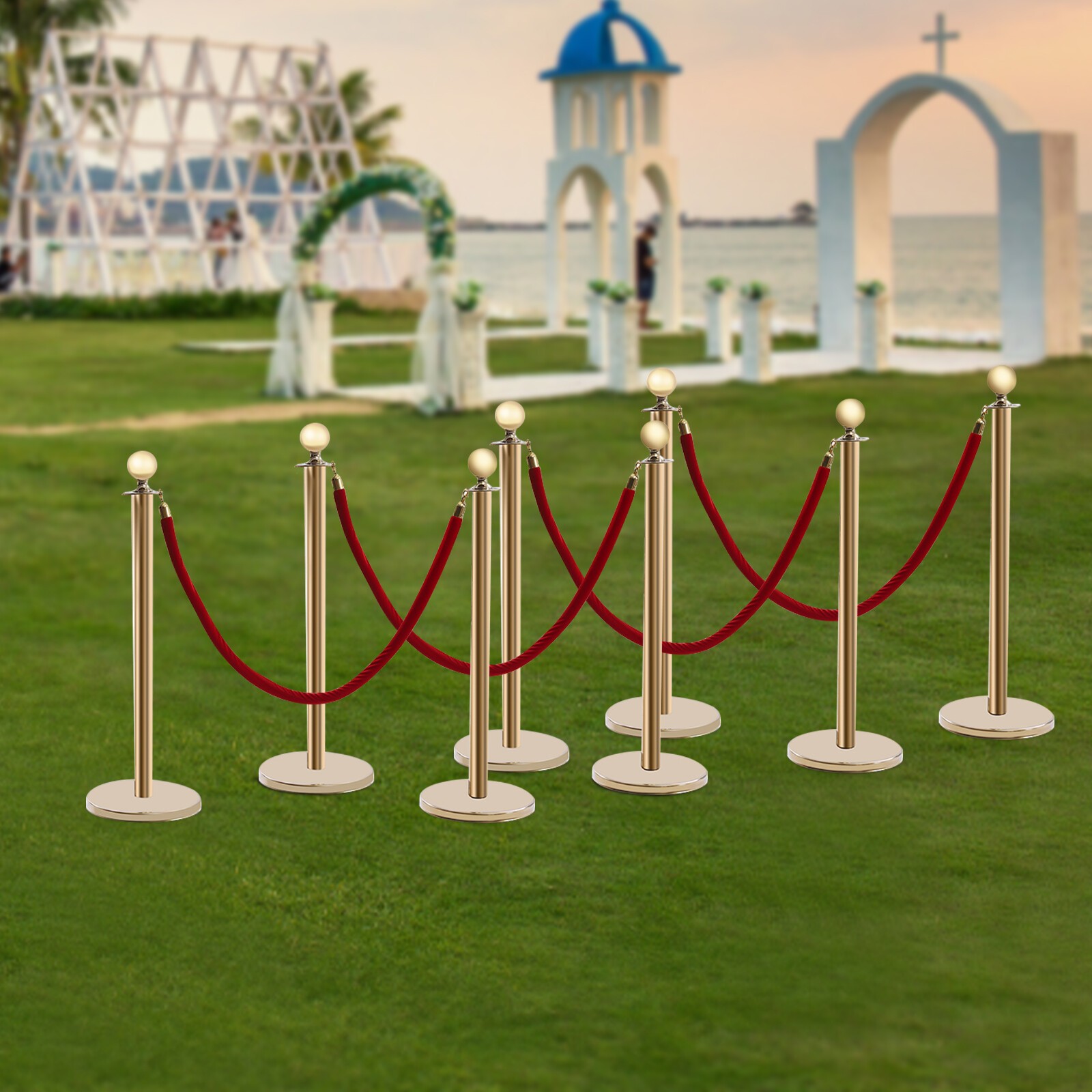 8 PCS Crowd Control Stanchion Gold Posts Set with Red Velvet Rope Queue Barrier