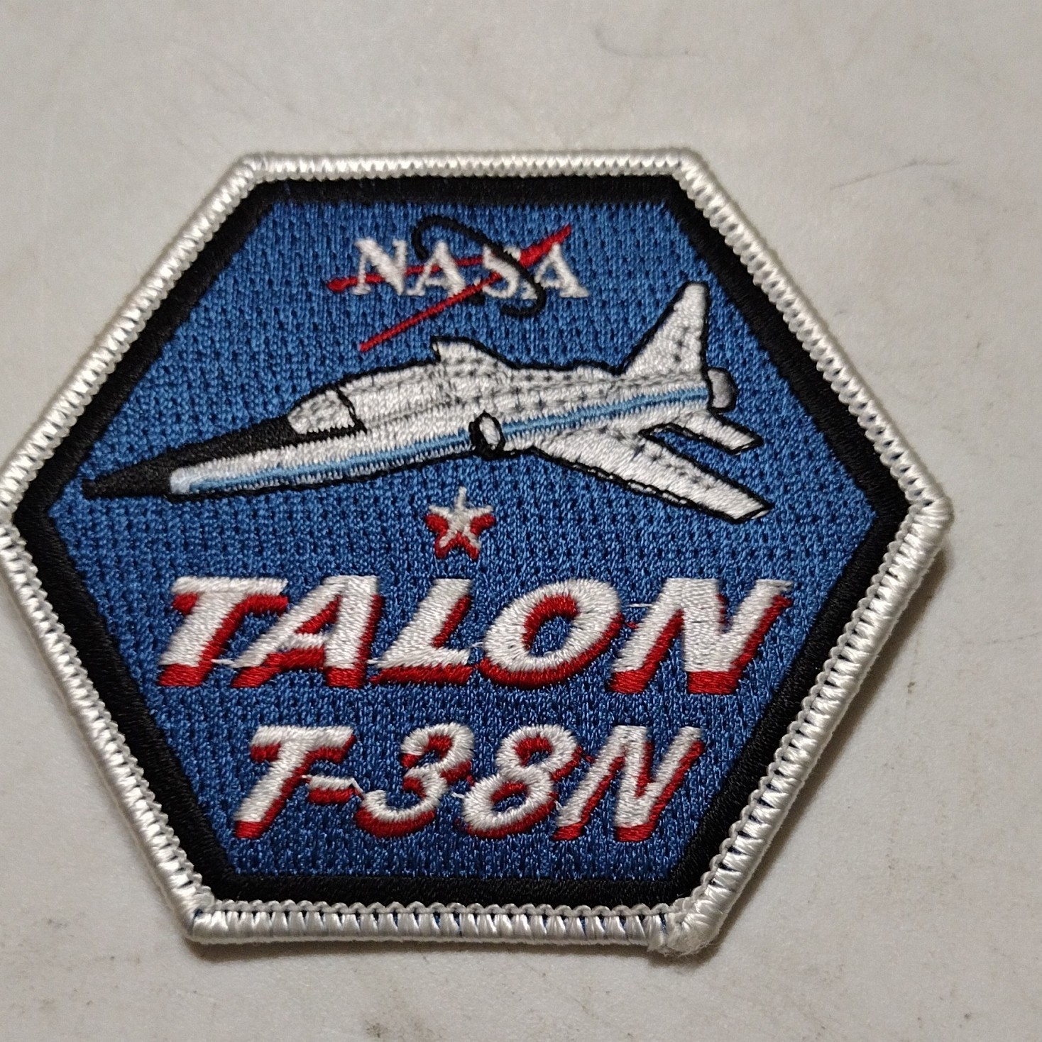 NASA Talon T-38N Mission Patch Embroidered Hexagon Blue White