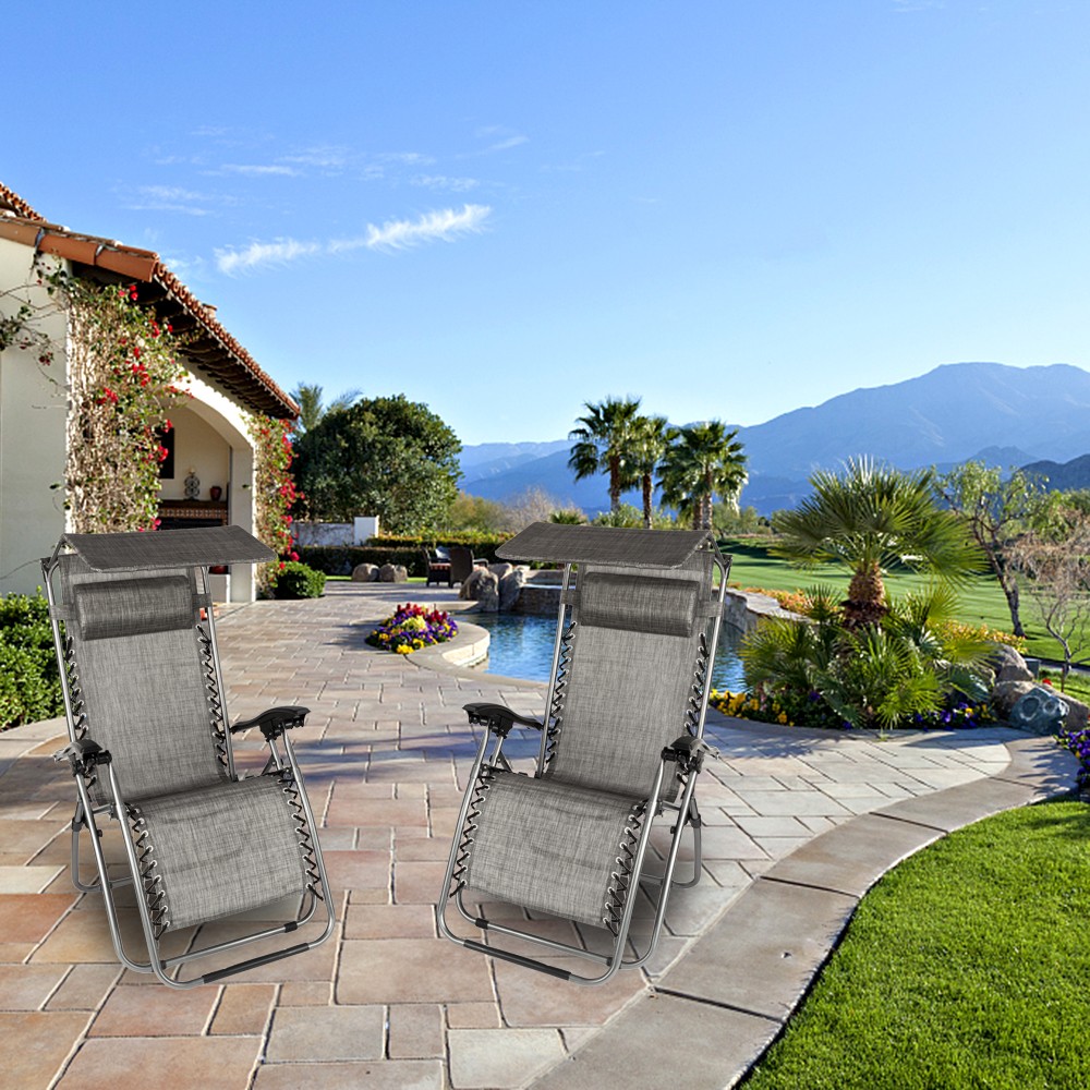 43" Zero Gravity Folding Patio Lounge Chairs w/ Canopy Sunshade Cup Drink Holder