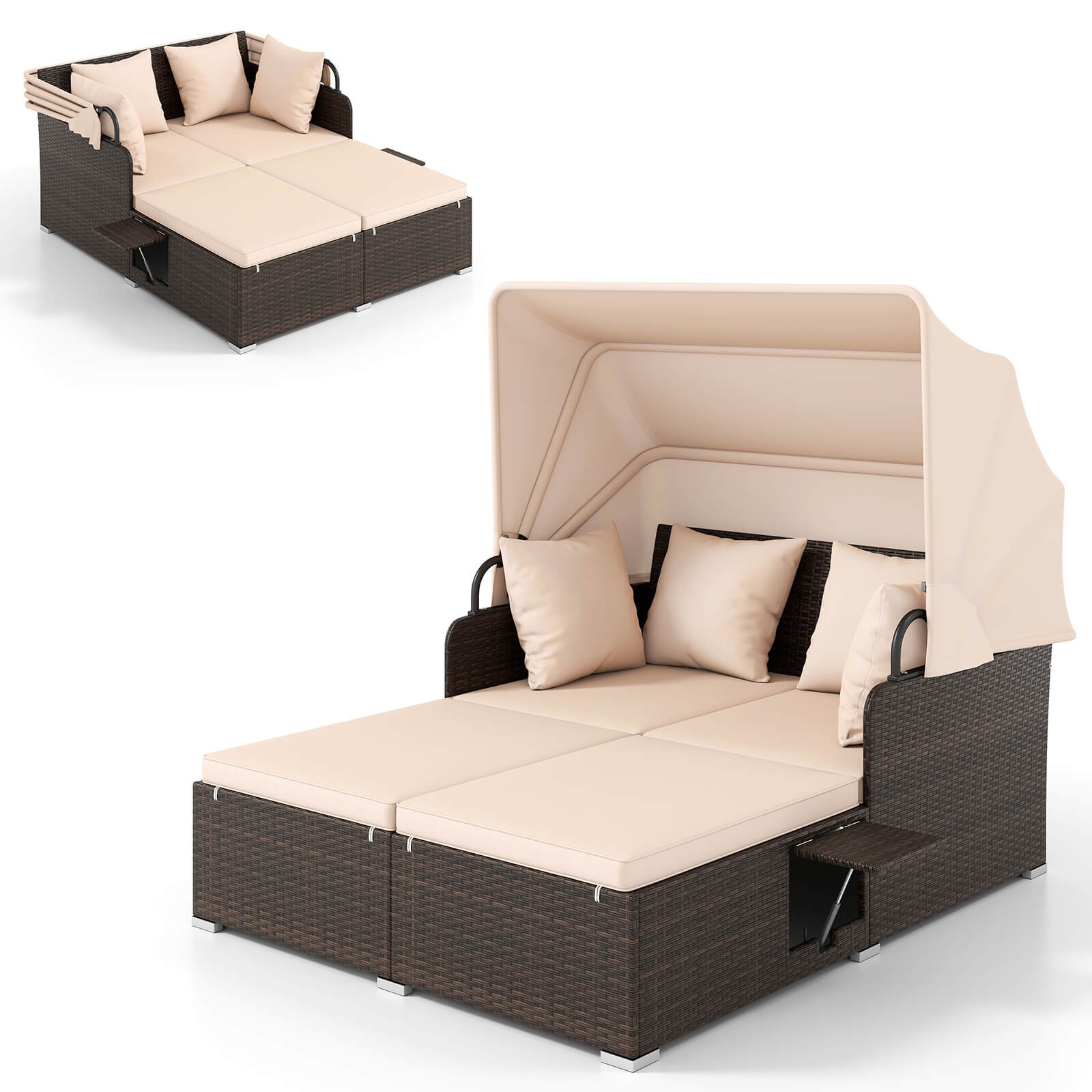 Patio Rattan Daybed Lounge Retractable Top Canopy Side Tables Cushions Beige