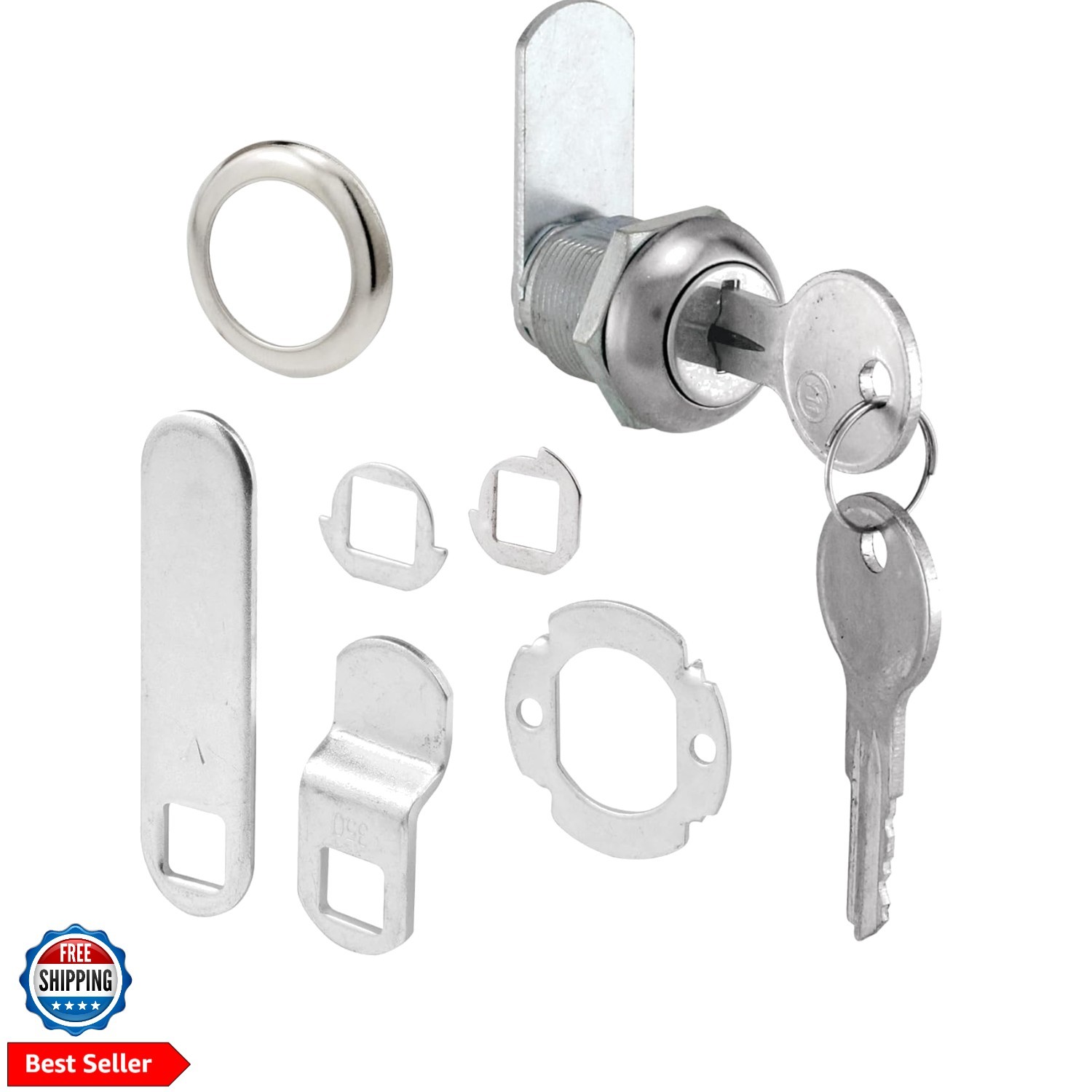 U 9941 Diecast Drawer and Cabinet Lock, 3 Cams, Trim Collar, 2 Washers, 2 Key...