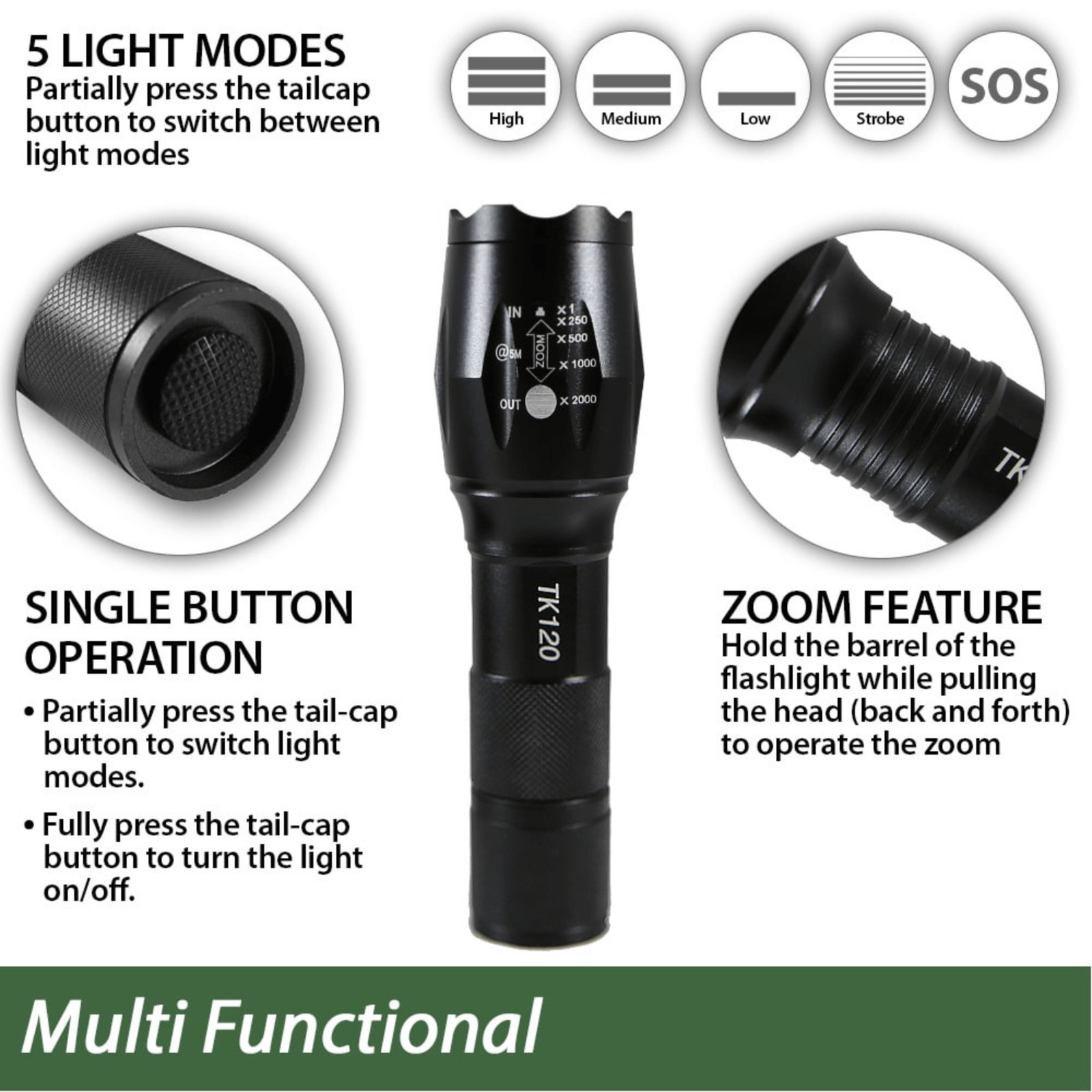 EcoGear FX TK120 LED Tactical Flashlight w Strobe and Water-Resistant Material