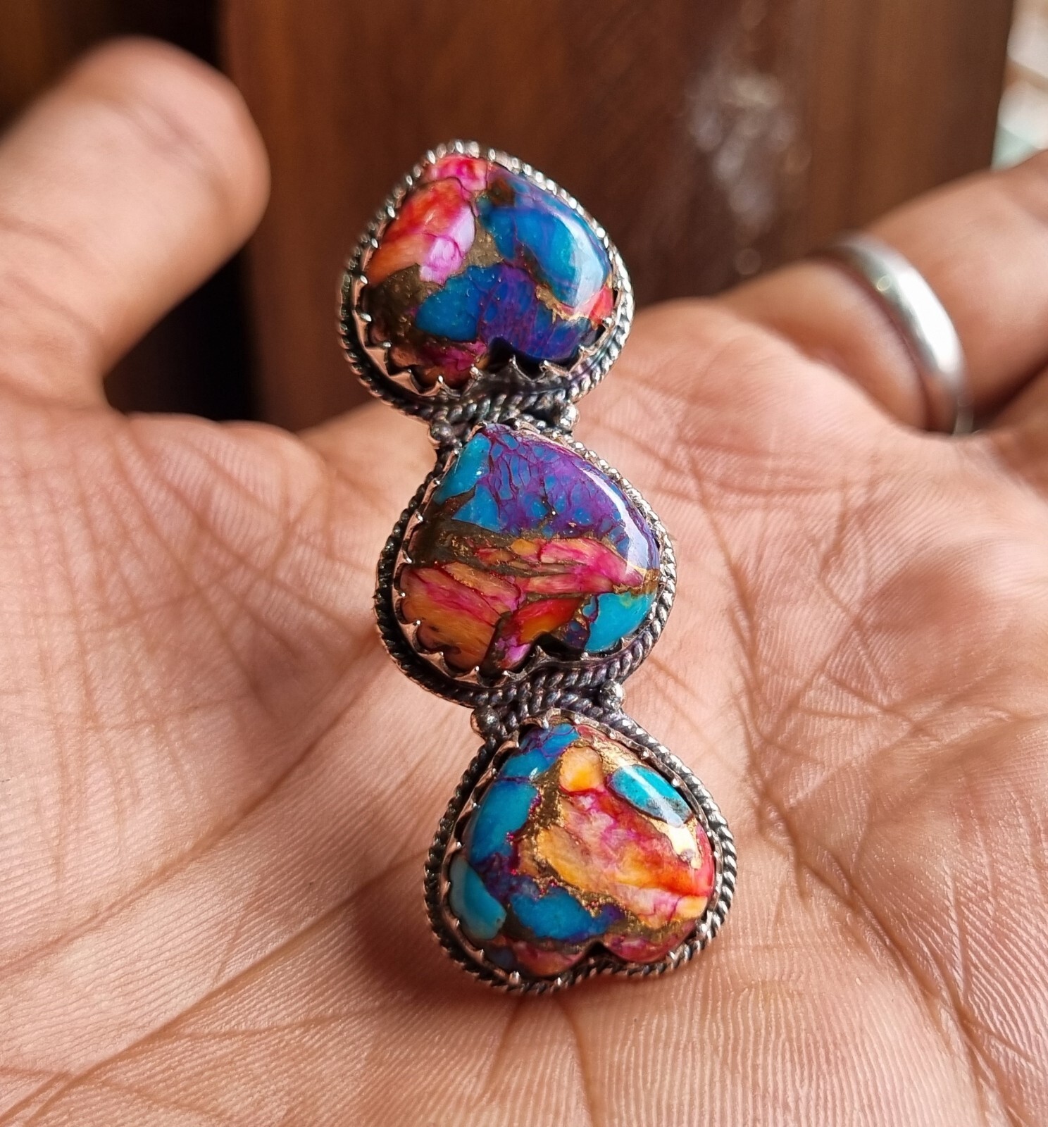 Pink Copper Turquoise Gemstone Ring 925 Sterling Silver Handmade Gift PG1358