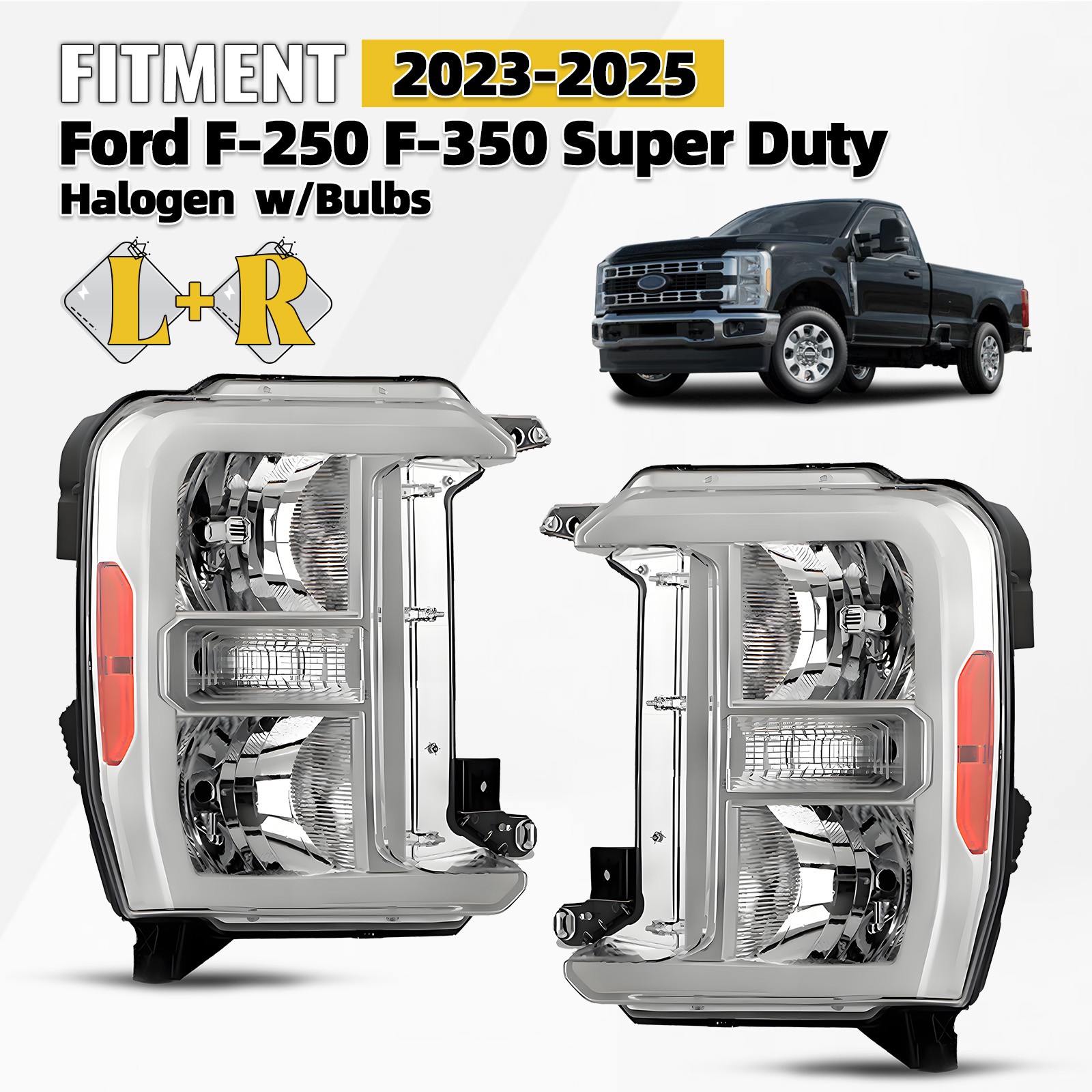 For 2023-2025 Ford F250 F350 Super Duty Halogen Headlight Chrome Pair Left&Right