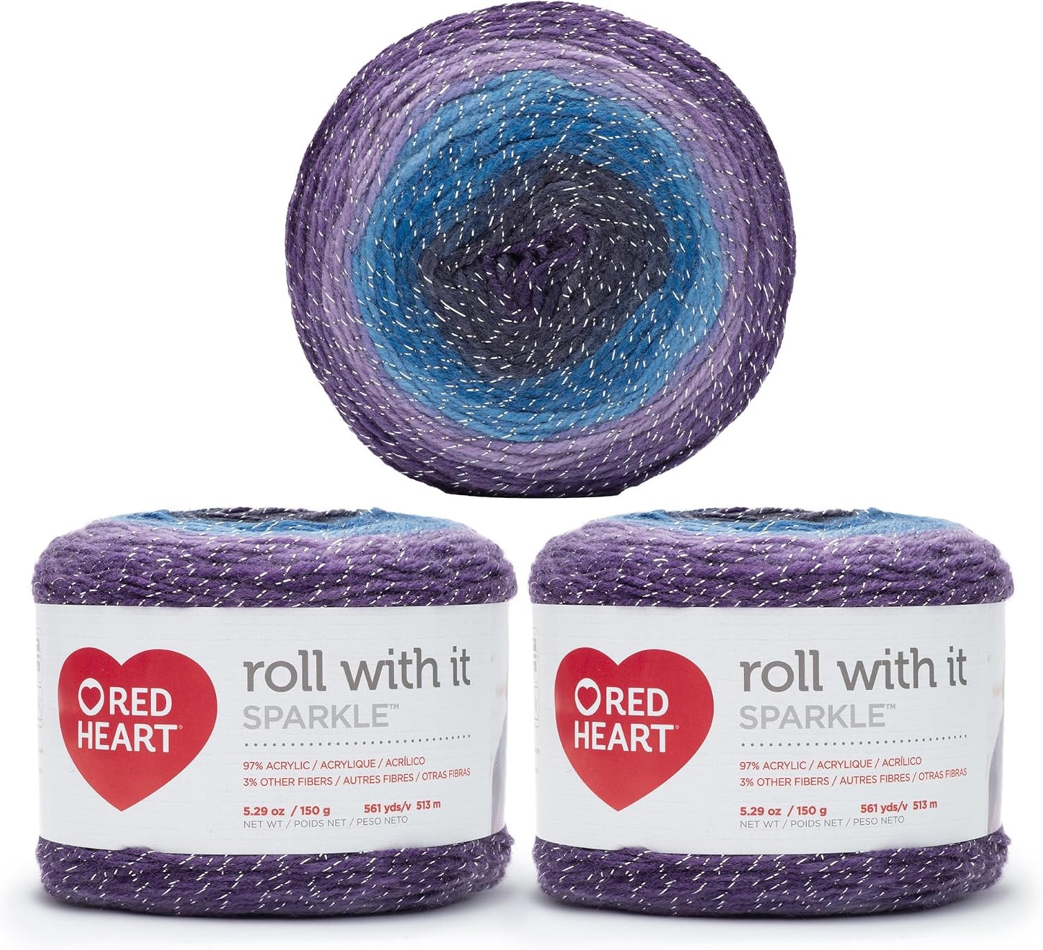 Red Heart Roll with It Sparkle Amethyst Yarn - 3 Pack of 150g/5.3oz - Acrylic Bl