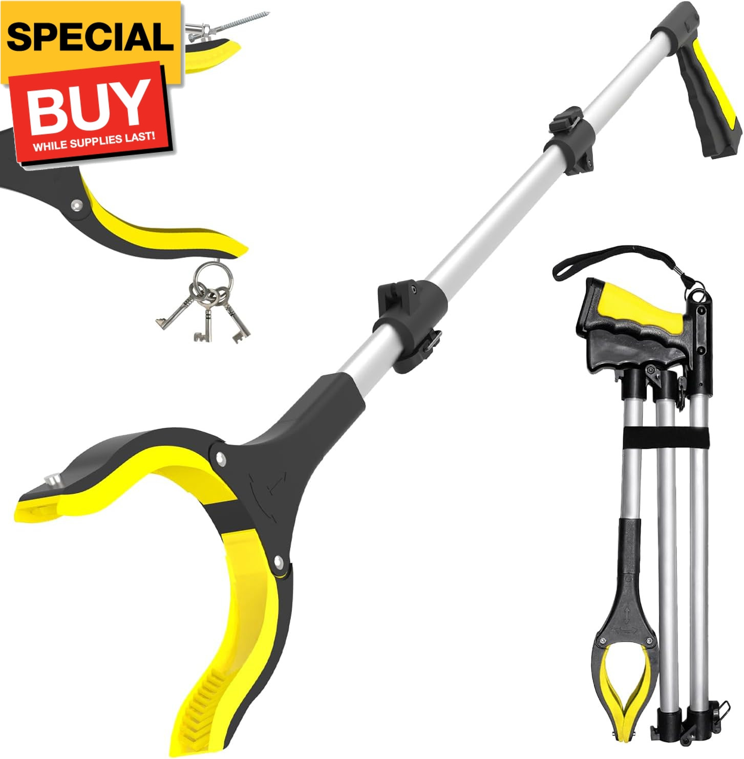 38" Extra Long Grabber Tool with 360°Rotating Anti-Slip Jaw， Lightweight Reachin