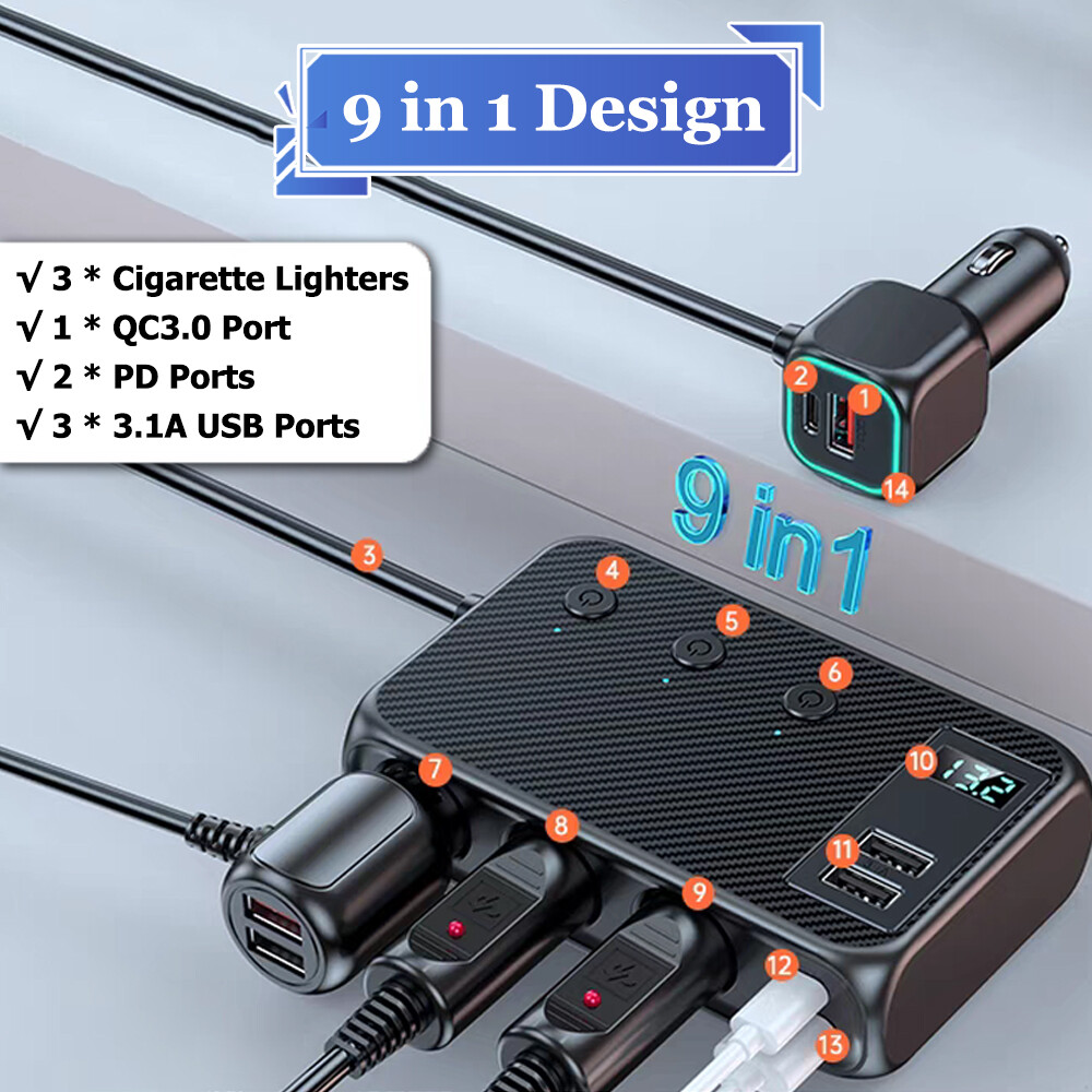 3Way Car Cigarette Lighter Socket USB C Plug Fast Charger Power Adapter Splitter