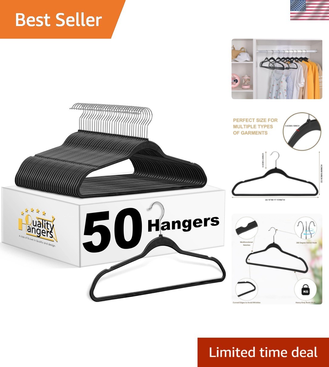50-Pack Slim Black Plastic Hangers with Rotatable Chrome Hooks - Space-Saving