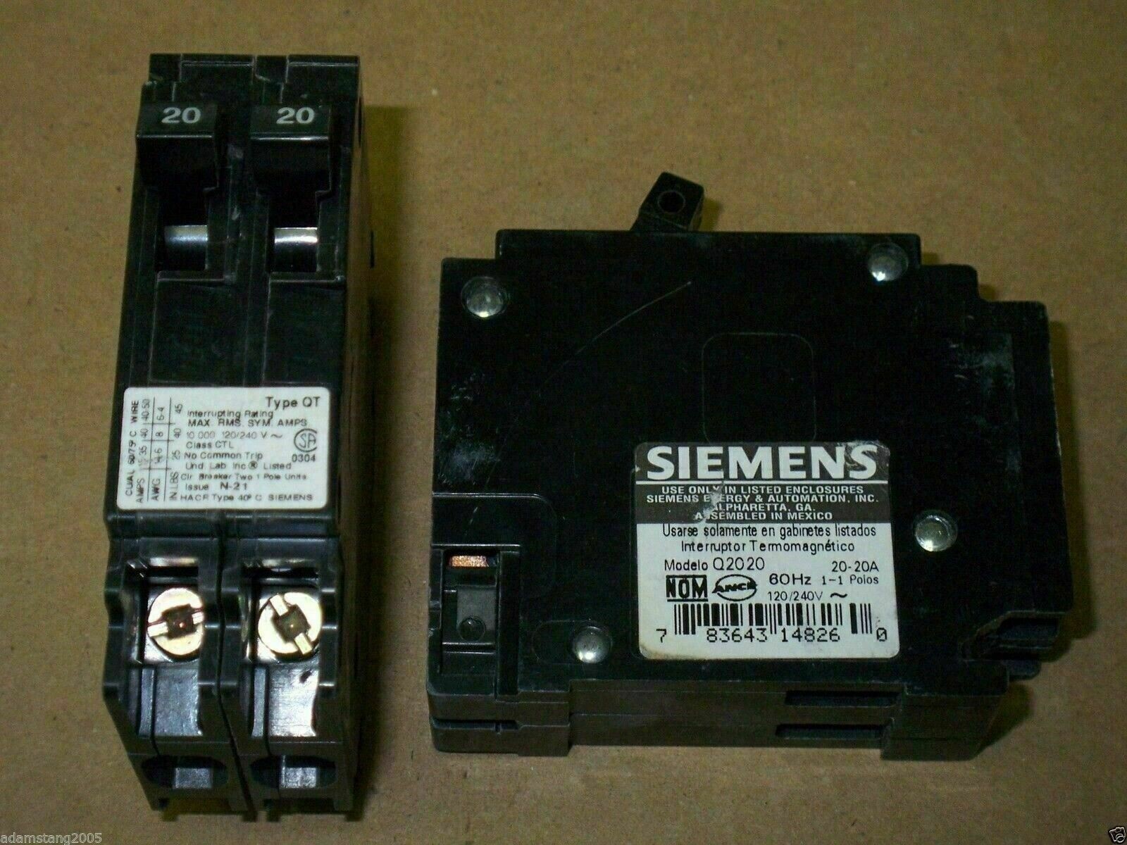 ITE SIEMENS QT Q2020 2 pole 20 amp TWIN 120/240V Circuit Breaker LOT OF 2