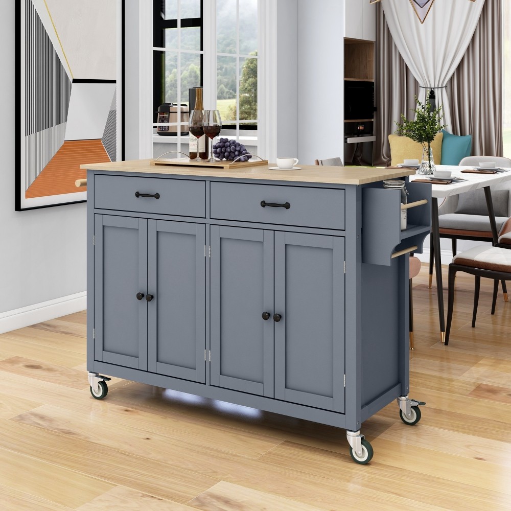 Kitchen Island Cart W Locking Wheels Two Drawers Spice Rack Towel Rack