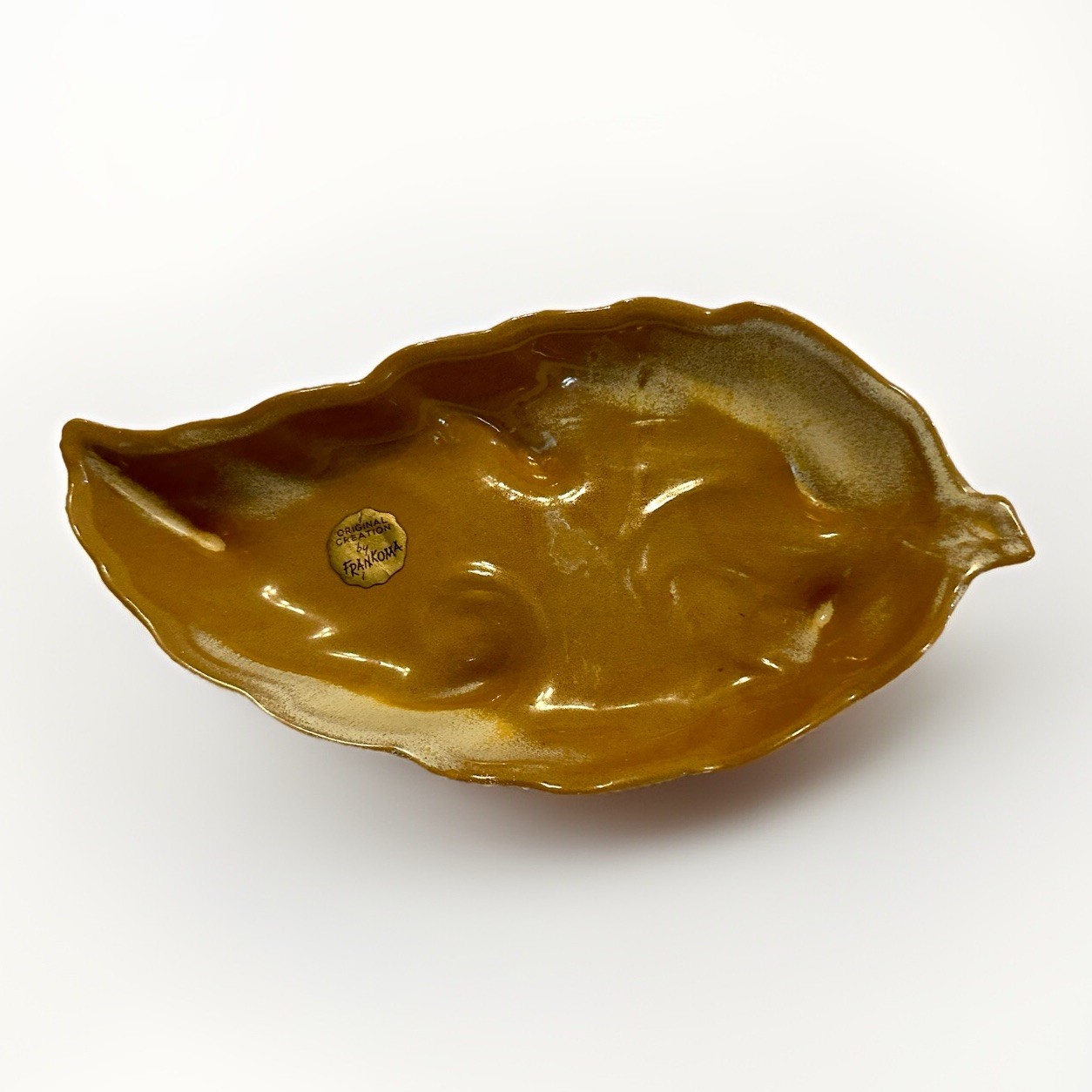 Frankoma 225 Pottery Leaf Dish Caramel Brown  Cream Yellow   Vintage 8x5 MCM