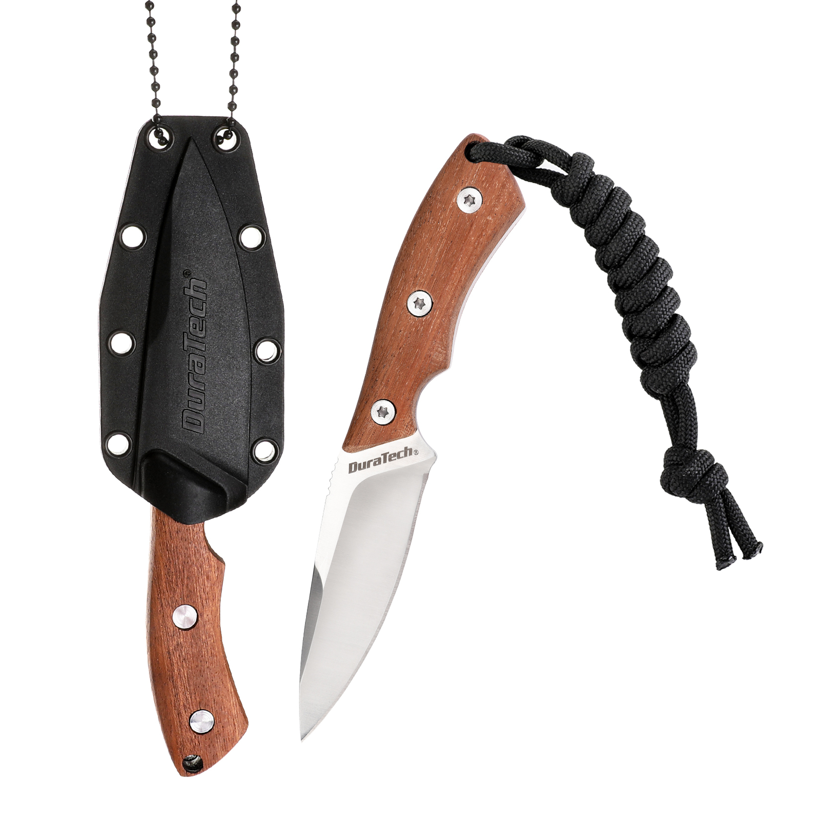 DURATECH Compact Fixed Blade Knife 6'' Full Tang Wood Handle with Molded Sheath