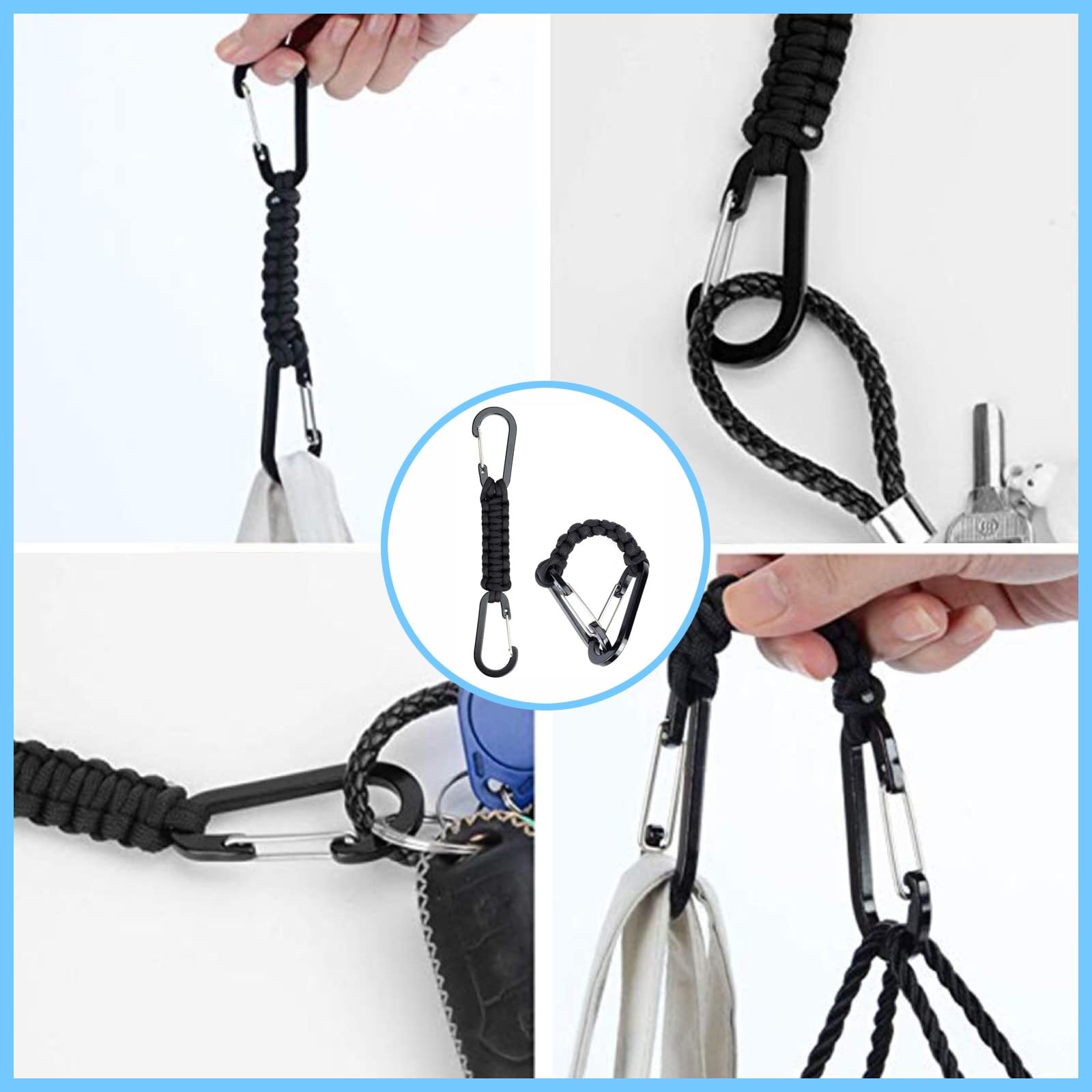3-Pcs Paracord Keychain Carabiner Clip, D Ring Lanyard 7.9 inches, Black
