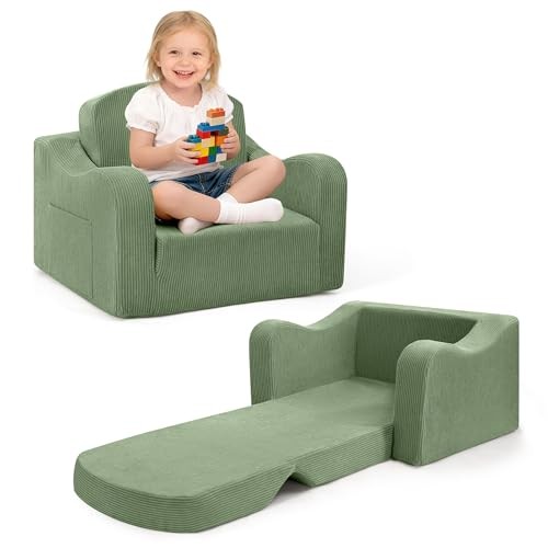 Thick Comfy Toddler Chair and Couch for Kids,2-in-1 Kids Couch Corduroy Green