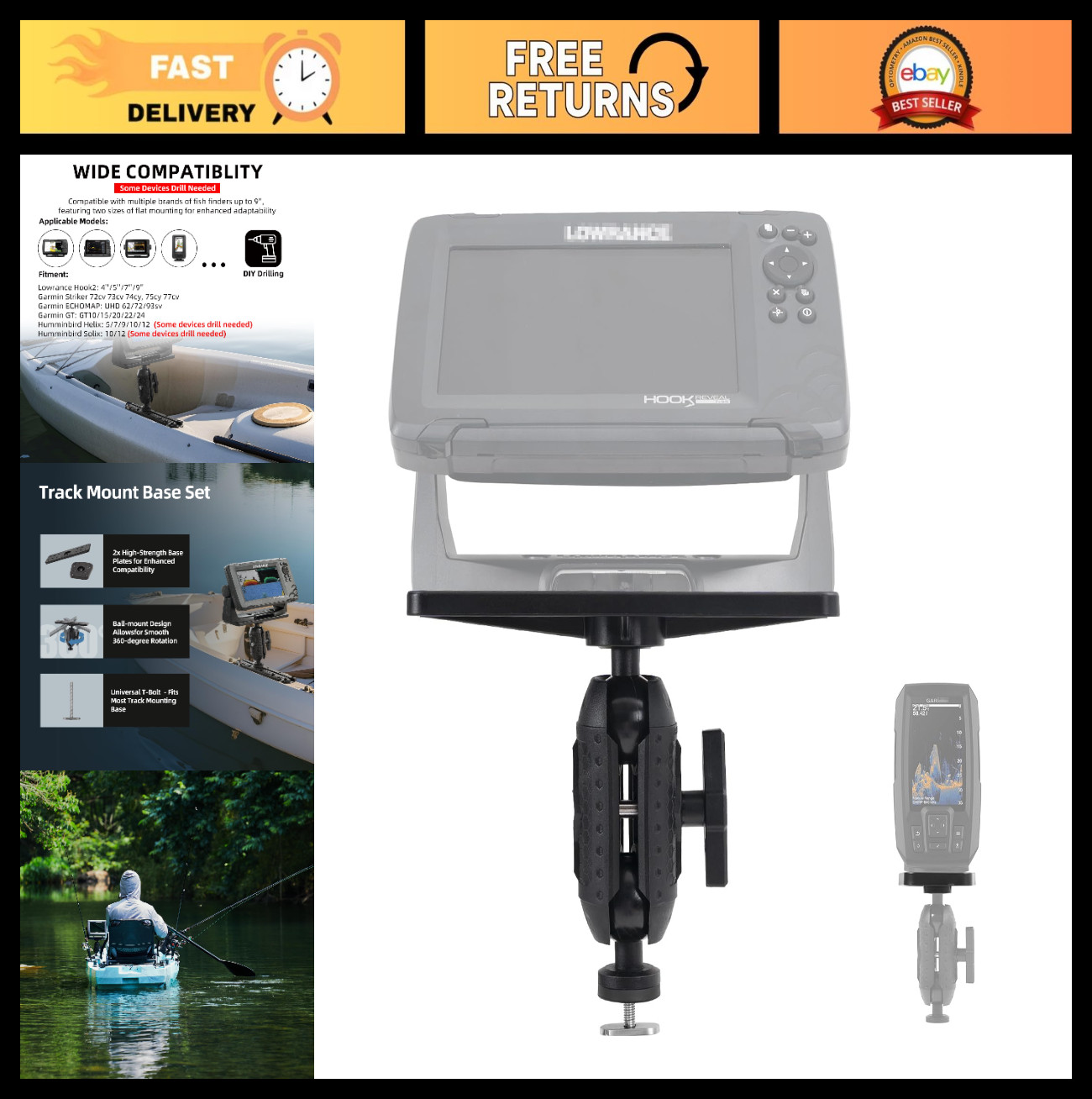 Universal Kayak Fish Finder Mount with Transducer Arm for 9" Electronics - Track