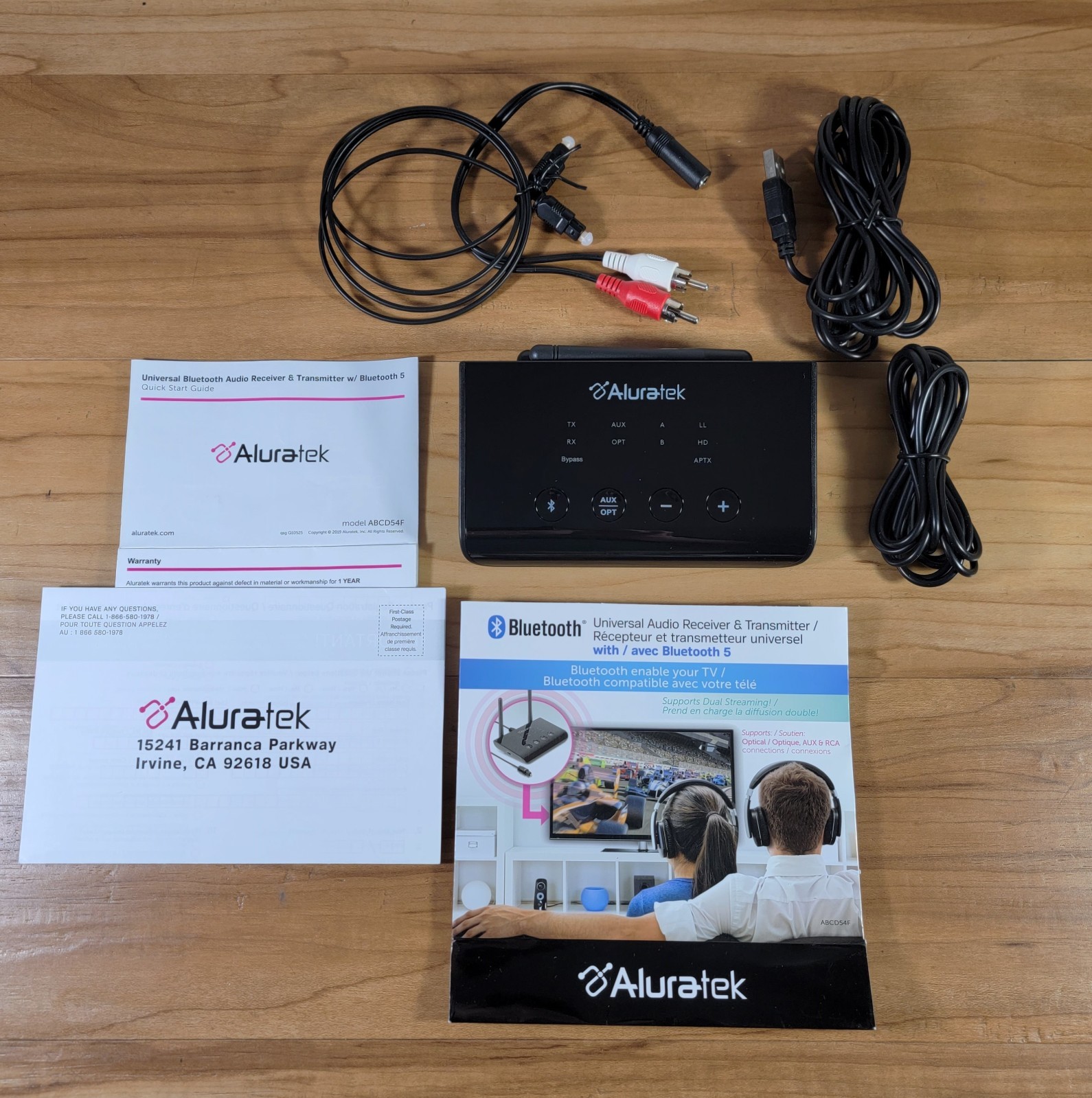 ALURATEK BLUETOOTH AUDIO RECEIVER AND TRANSMITTER Model ABCD54F With Cables