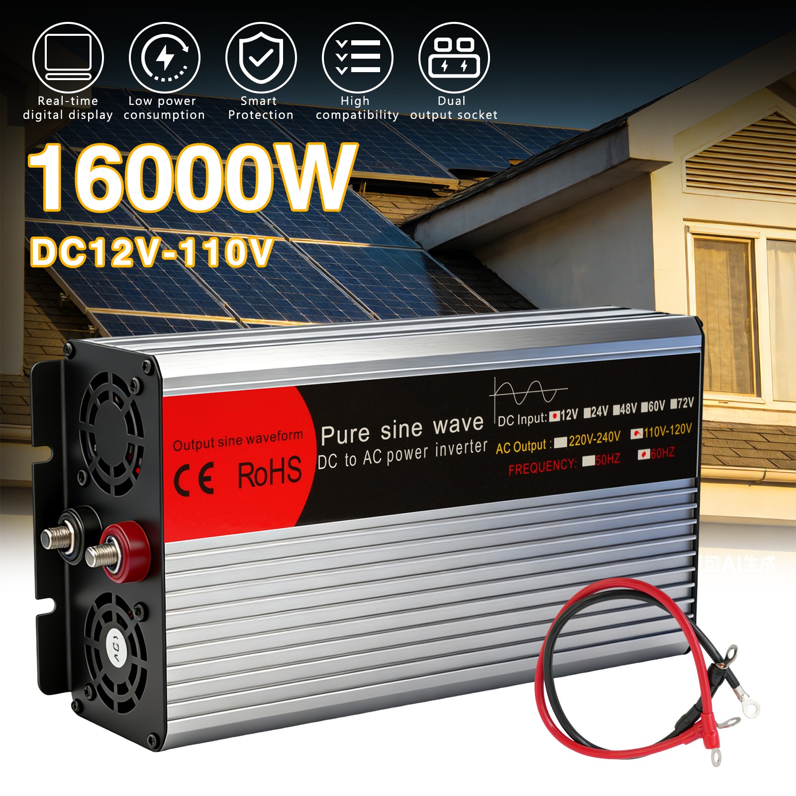 Car Power Inverter 16000W Watts DC 12V To AC 110V Sine Wave Solar Converter LCD