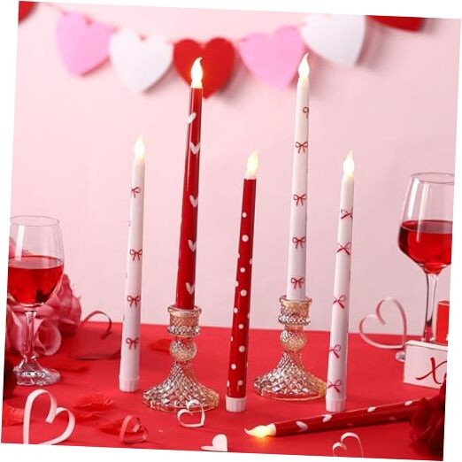 6 Pcs Valentine's Day Flameless Taper Candles with Hearts, Bows, and Dots,