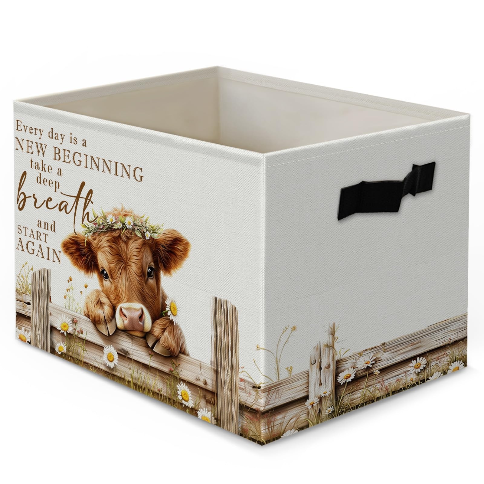 Rustic Daisy Floral Highland Cow Storage Bins Box, Farmhouse Heifer Collapsib...