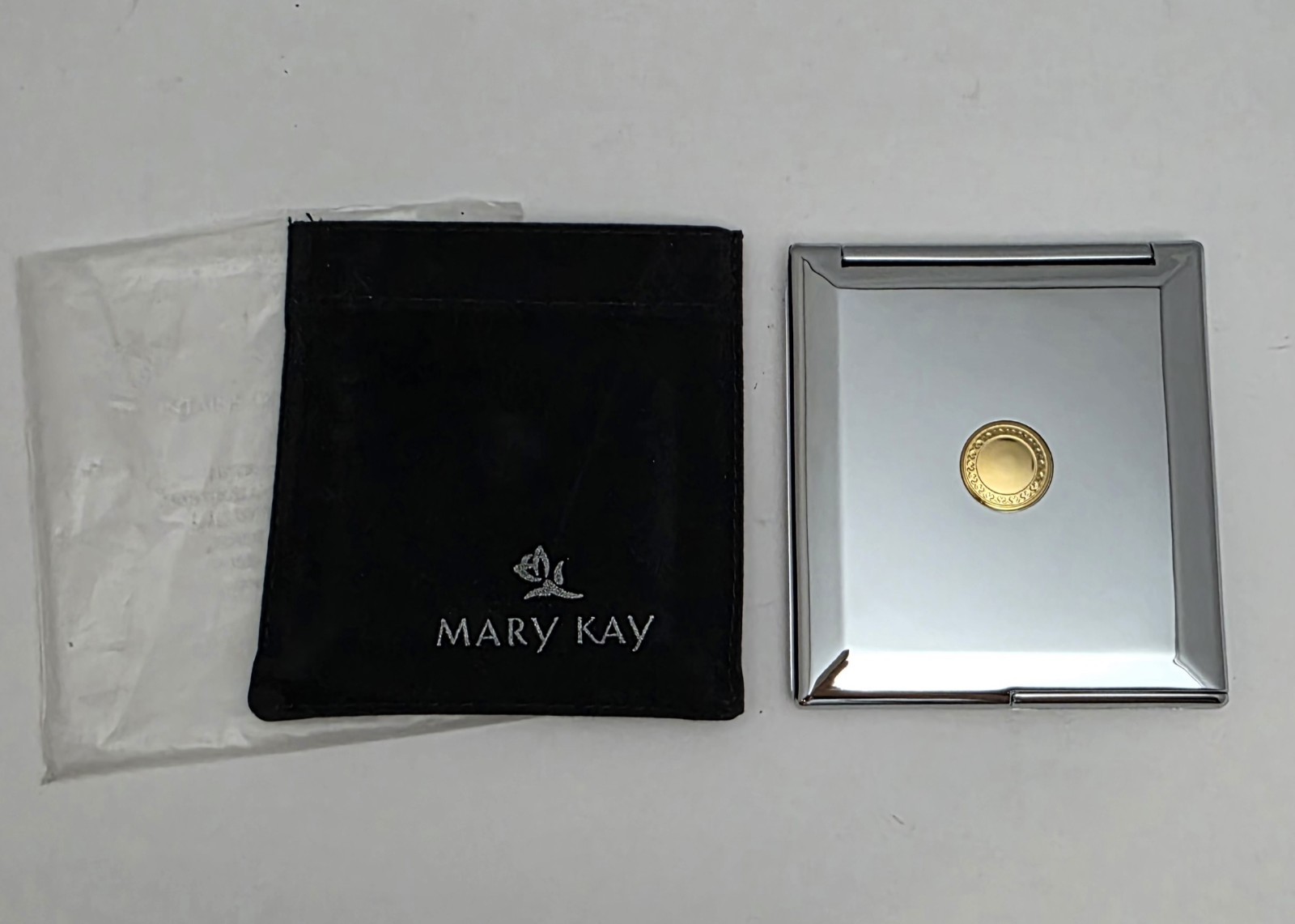 Mary Kay Silver Compact Dual Mirror w/Velvet Case