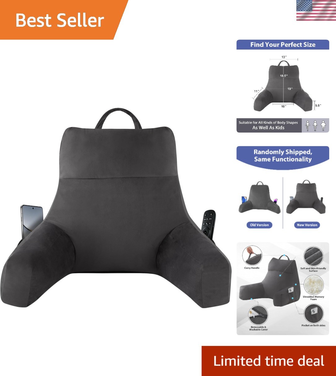 Back Support Pillow Memory Foam Lounge Reading Pillow with Arms Grey 18 Inch