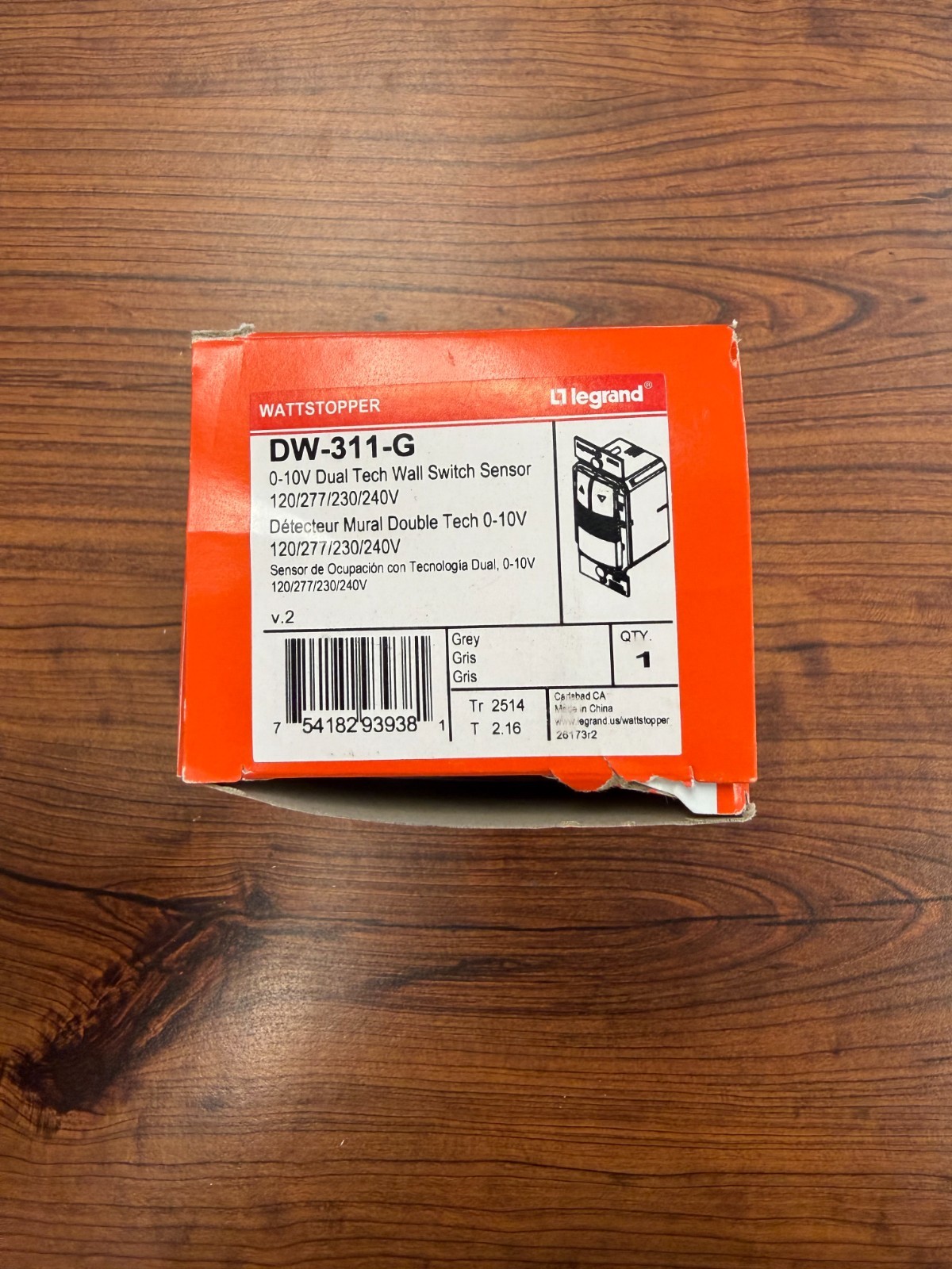 DW-311-G Wattstopper 0-10V Dual Tech Wall Switch Sensor 120/277/230/240V, Grey