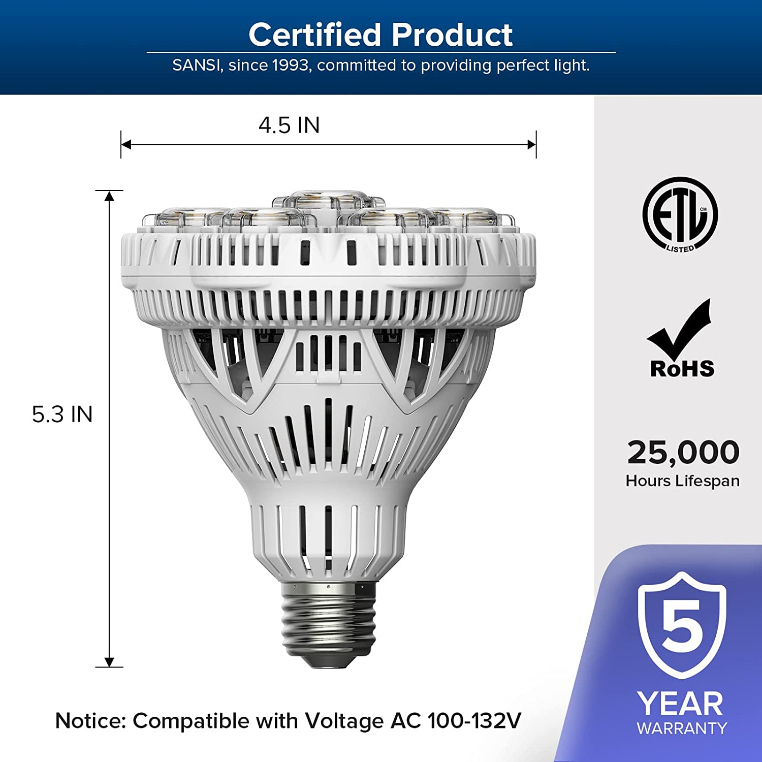 SANSI BR30 LED Spot Light Bulb 300W Floodlight 5000K Workshop E27 5500lm 40W