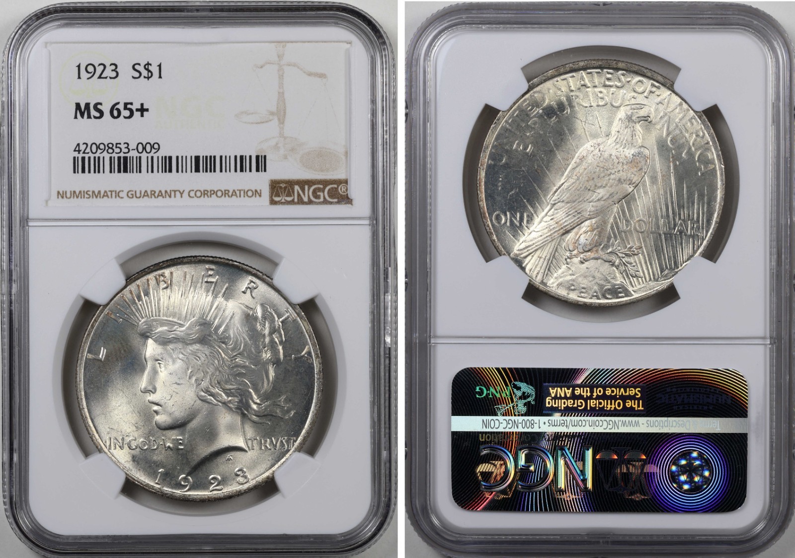 1923 Peace Dollar NGC MS65 + 90% Silver MS 65+ Plus PQ