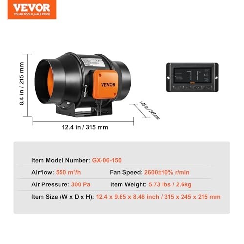 VEVOR 6-Inch Inline Duct Fan 402 CFM with Temperature Humidity Controller