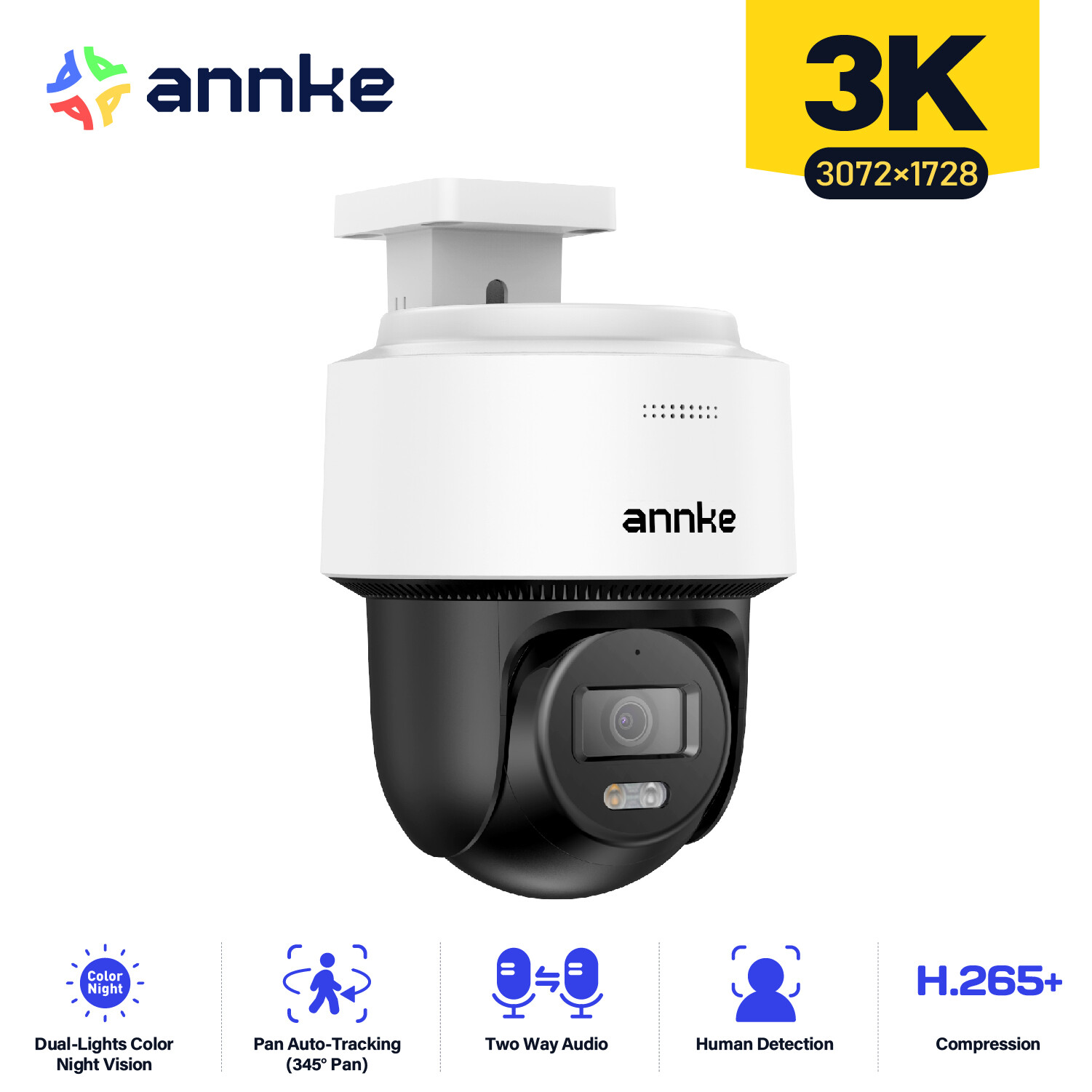 ANNKE 3K 5MP PoE Security IP Camera PT Color Night Vision Two Way Audio H.265+