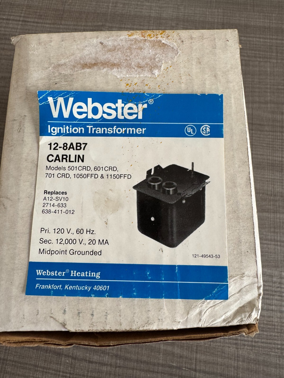 WEBSTER 12-8AB7 CARLIN IGNITION TRANSFORMER 120V MIDPOINT GROUNDED