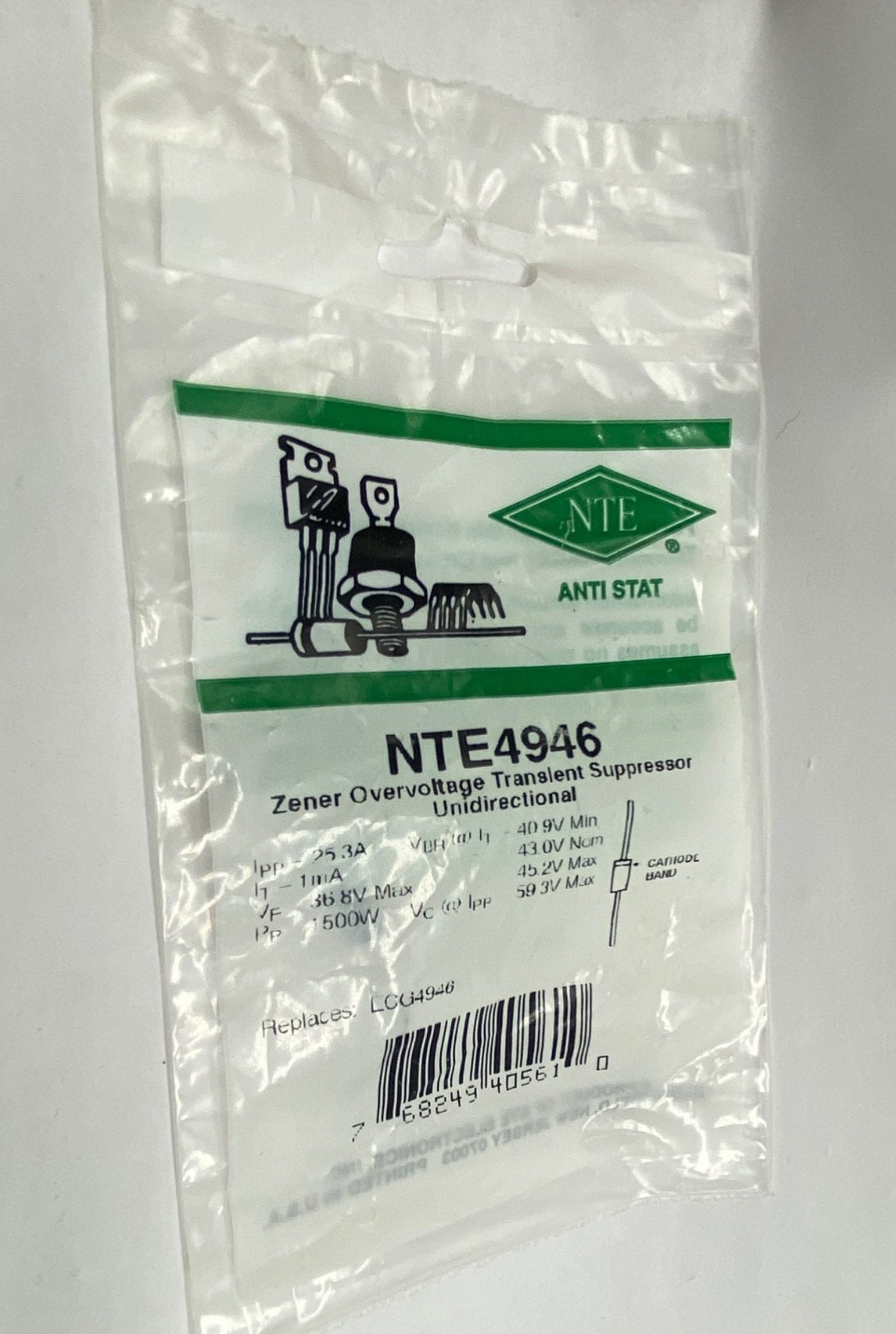 NTE4946 Zener Overvoltage Transient Suppressor 43.0V nominal breakdown