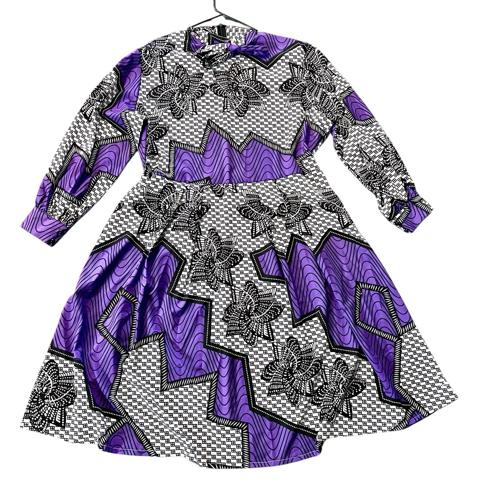 Purple, Black, & White Women African Print Bowtie Flowing Dress ￼