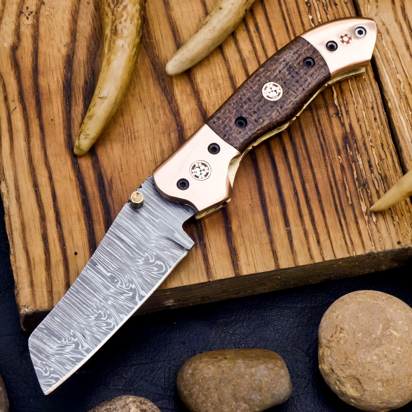 SHARD Custom Hand Forged Damascus Pocket Knife Folding Tanto Blade W/Sheath