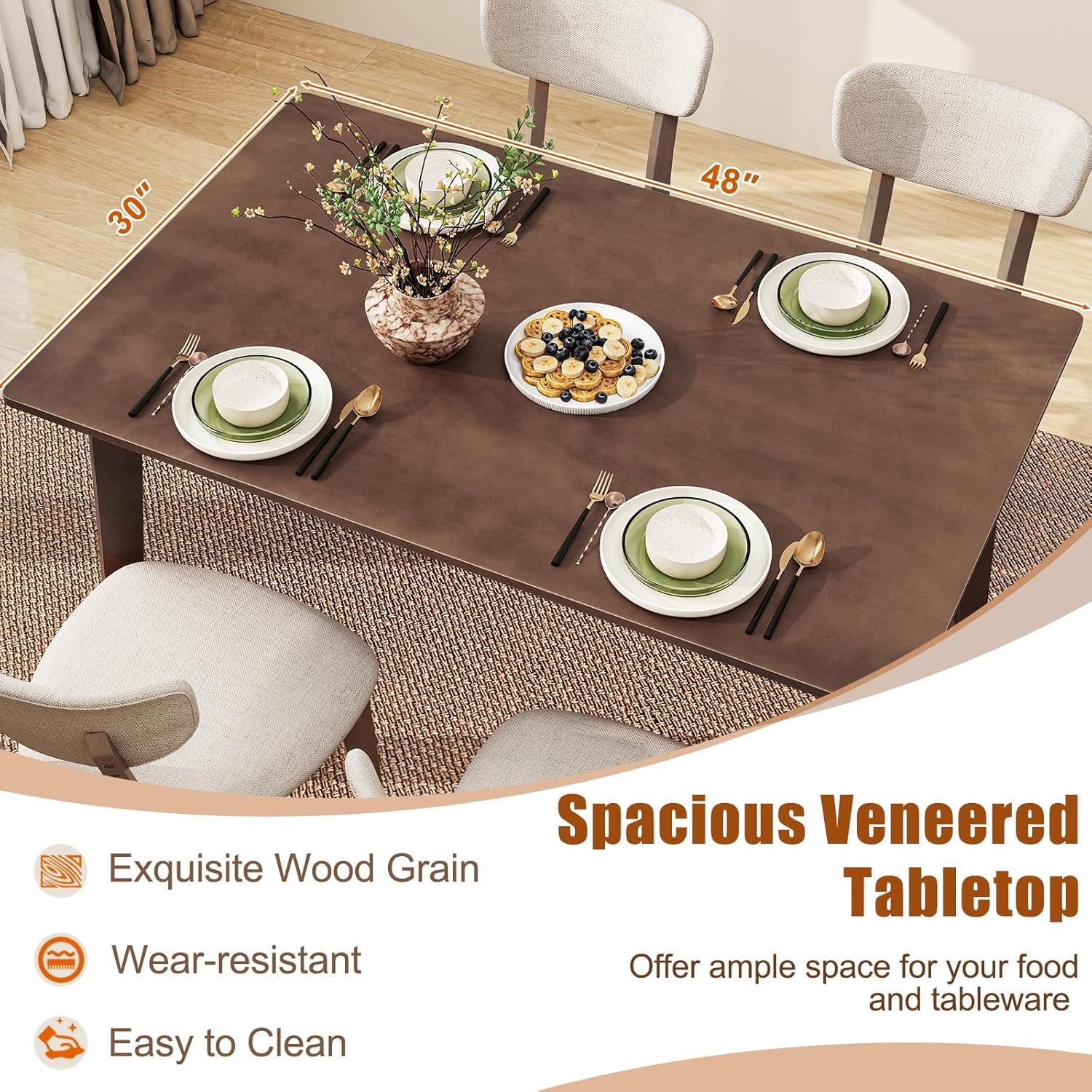 Dining Table for 4, 48" Rectangular Wooden Kitchen Table with Solid Rubber Wood