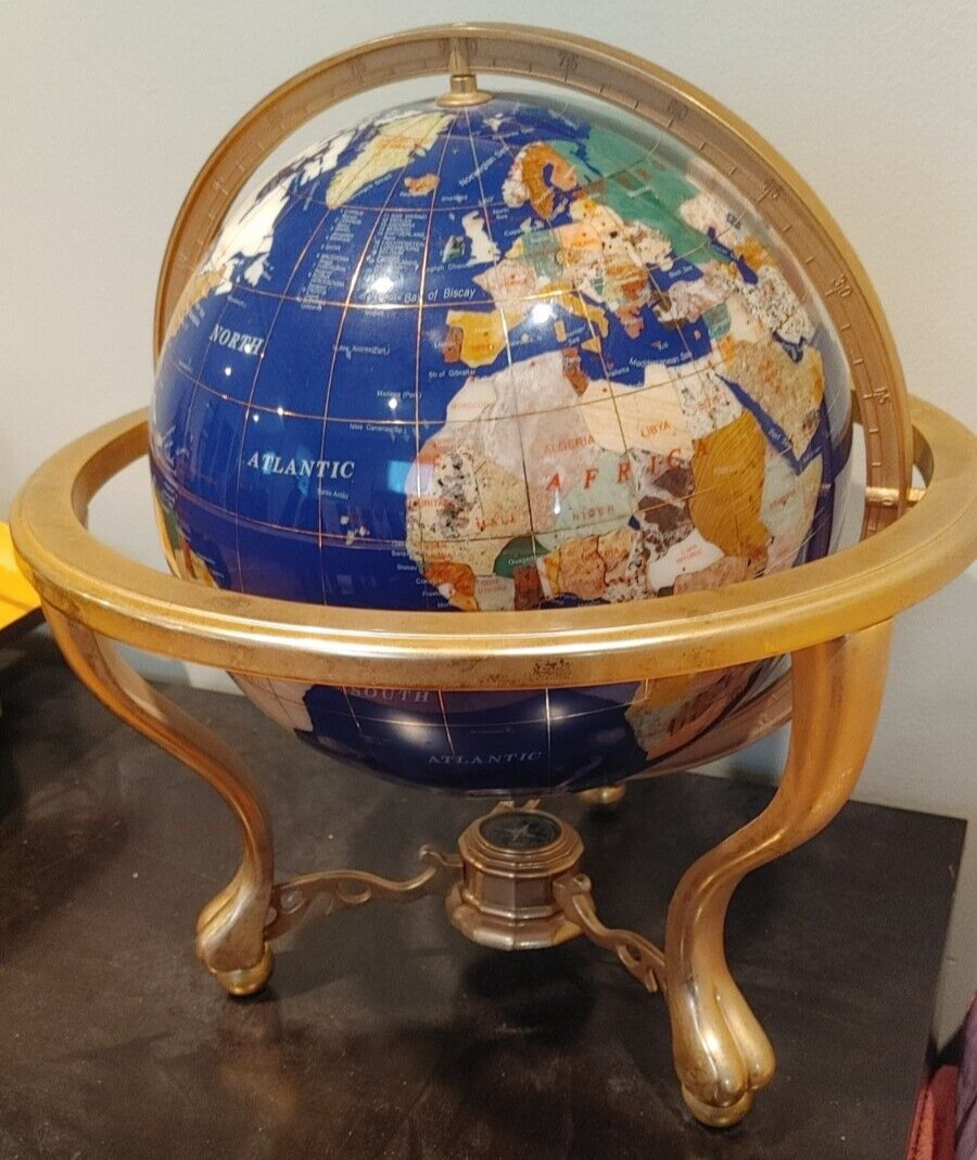 Large 12" Natural Gemstone World Globe & Compass Solid Brass Tripod Footed Stand
