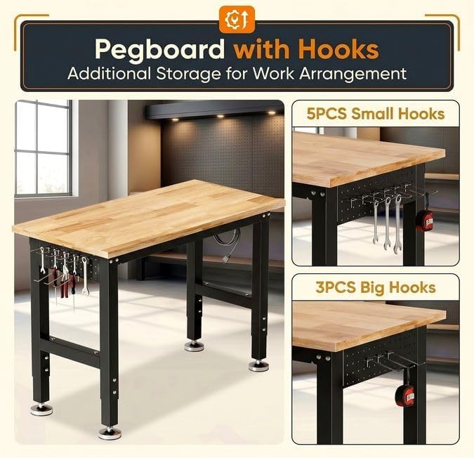 48" Adjustable Workbench | Solid Rubberwood Top | 2000lbs Heavy-Duty Work Table