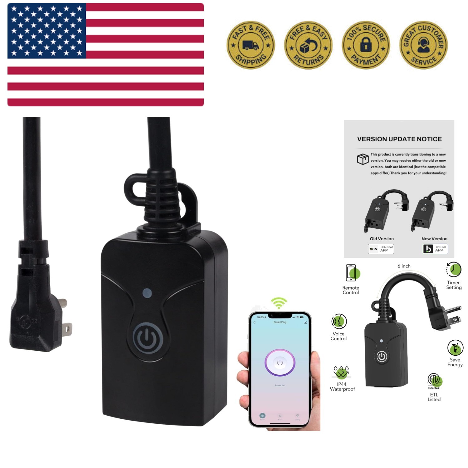 Outdoor Smart WiFi Plug Outlet, Heavy Duty Wi-Fi Timer with One Grounded Outl...