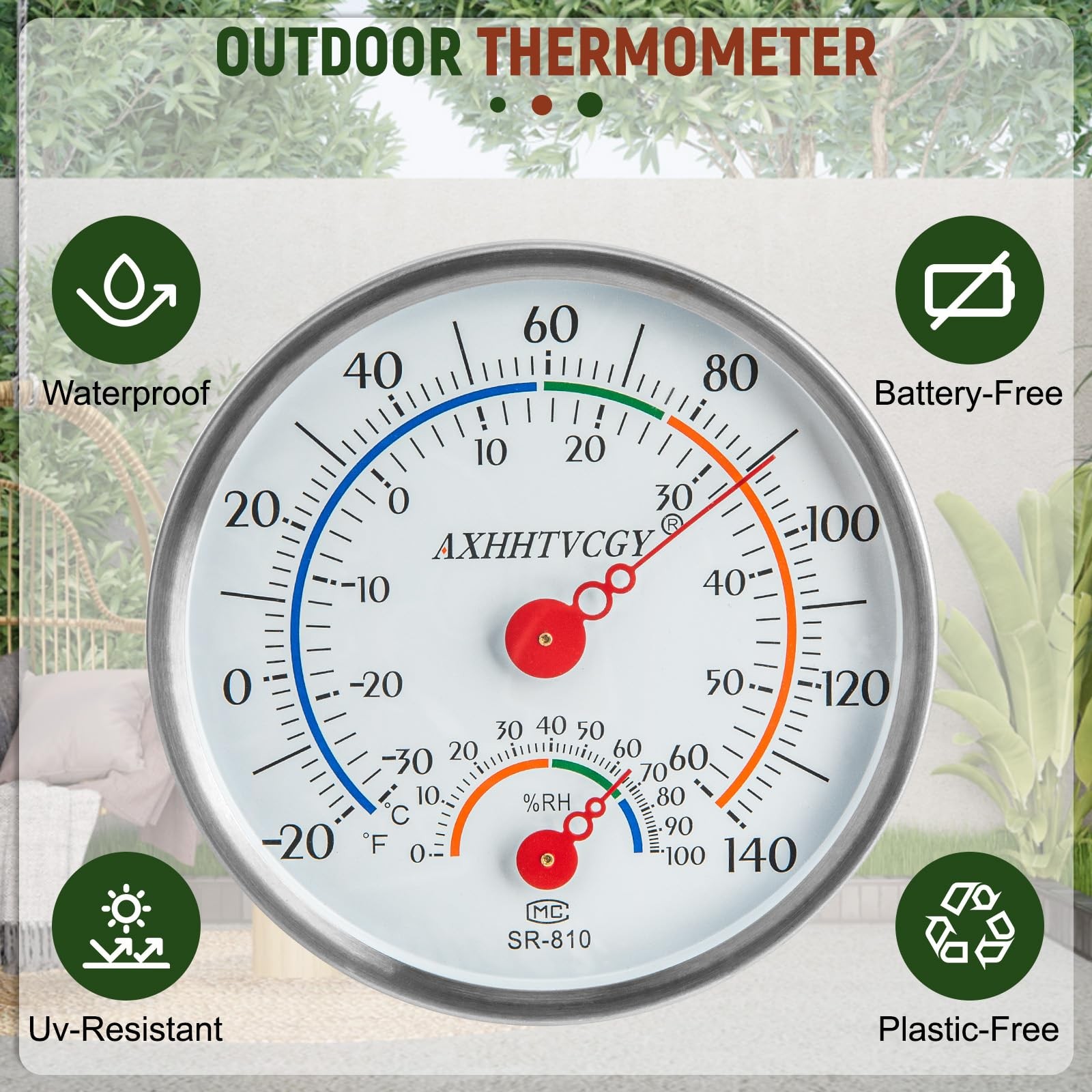 Indoor Outdoor Thermometer Hygrometer, Large Dial Wall Mount silver
